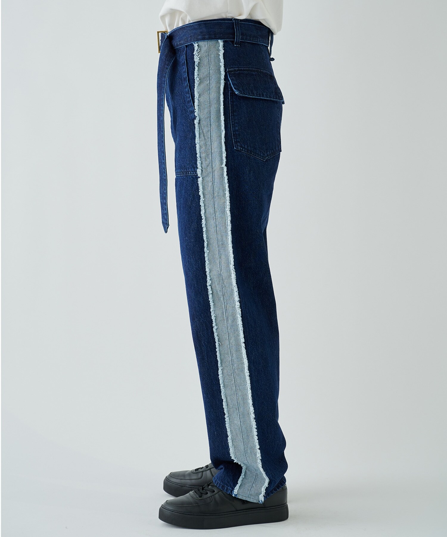 Side Fringe  Wide Denim Pants with Long Belt CULLNI
