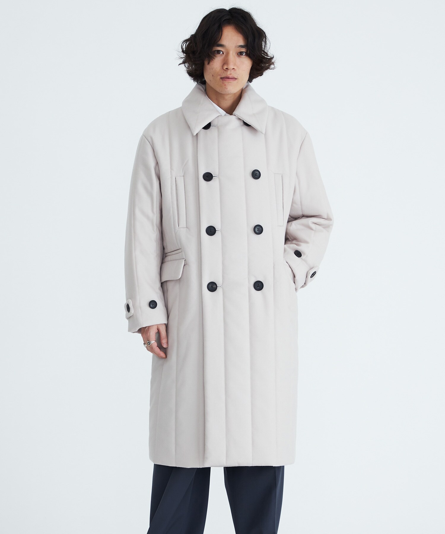 Wool Stripe Quilted Double-Breasted Coat
