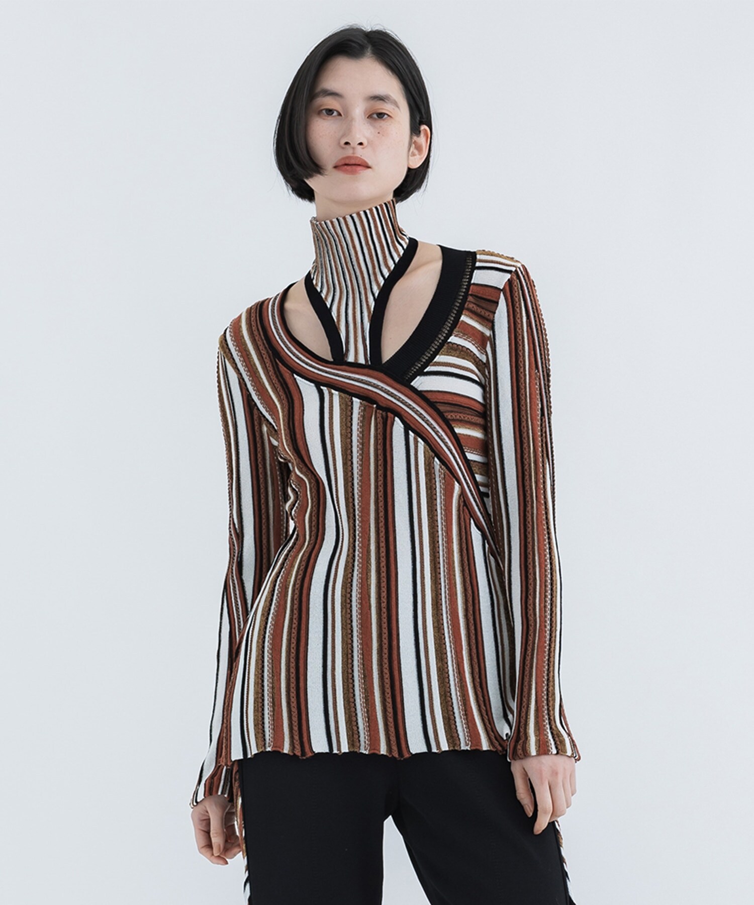 Stripe Jacquard High Neck Knitted Top