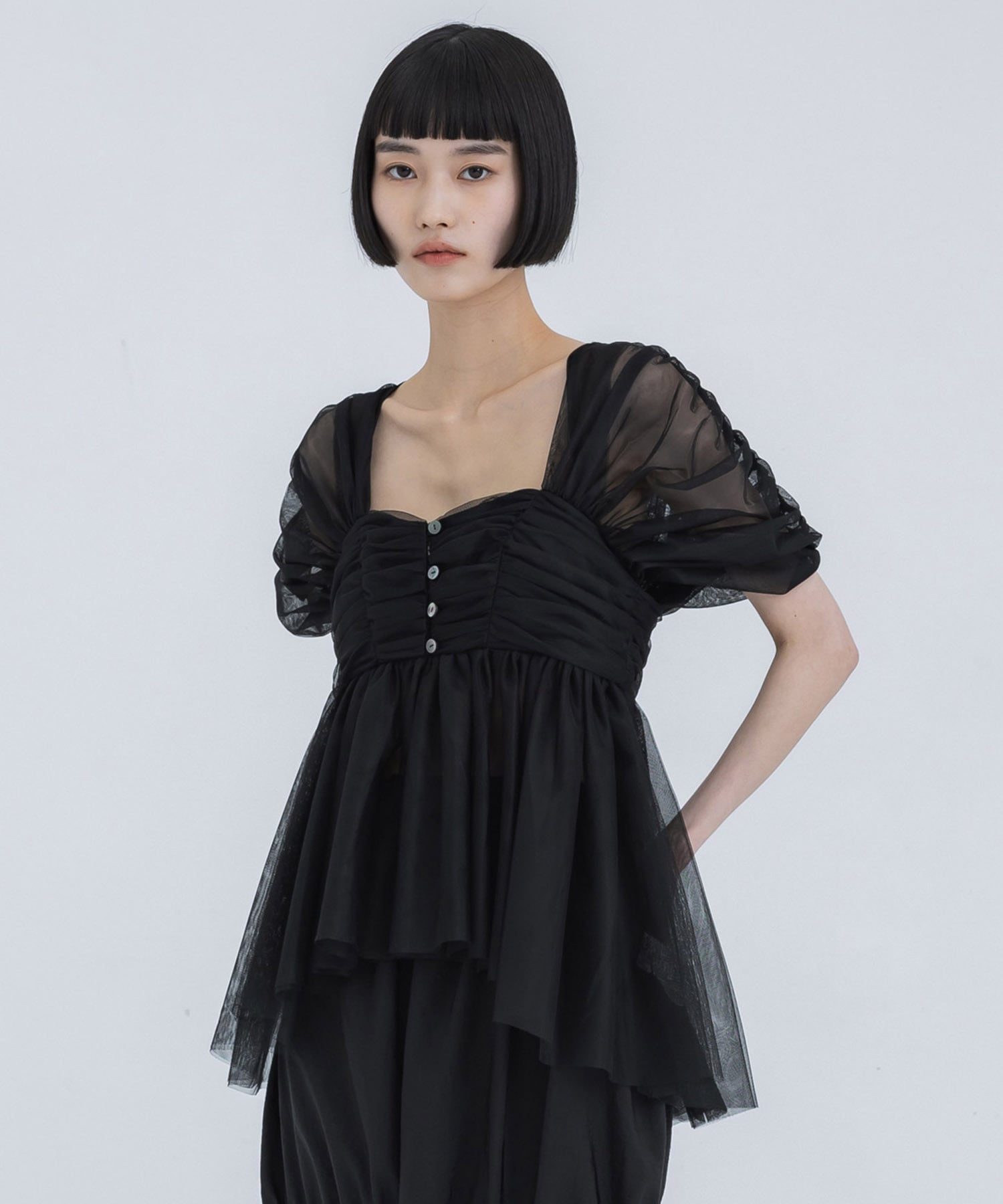 OPEN-BACK GATHERED TULLE TOP