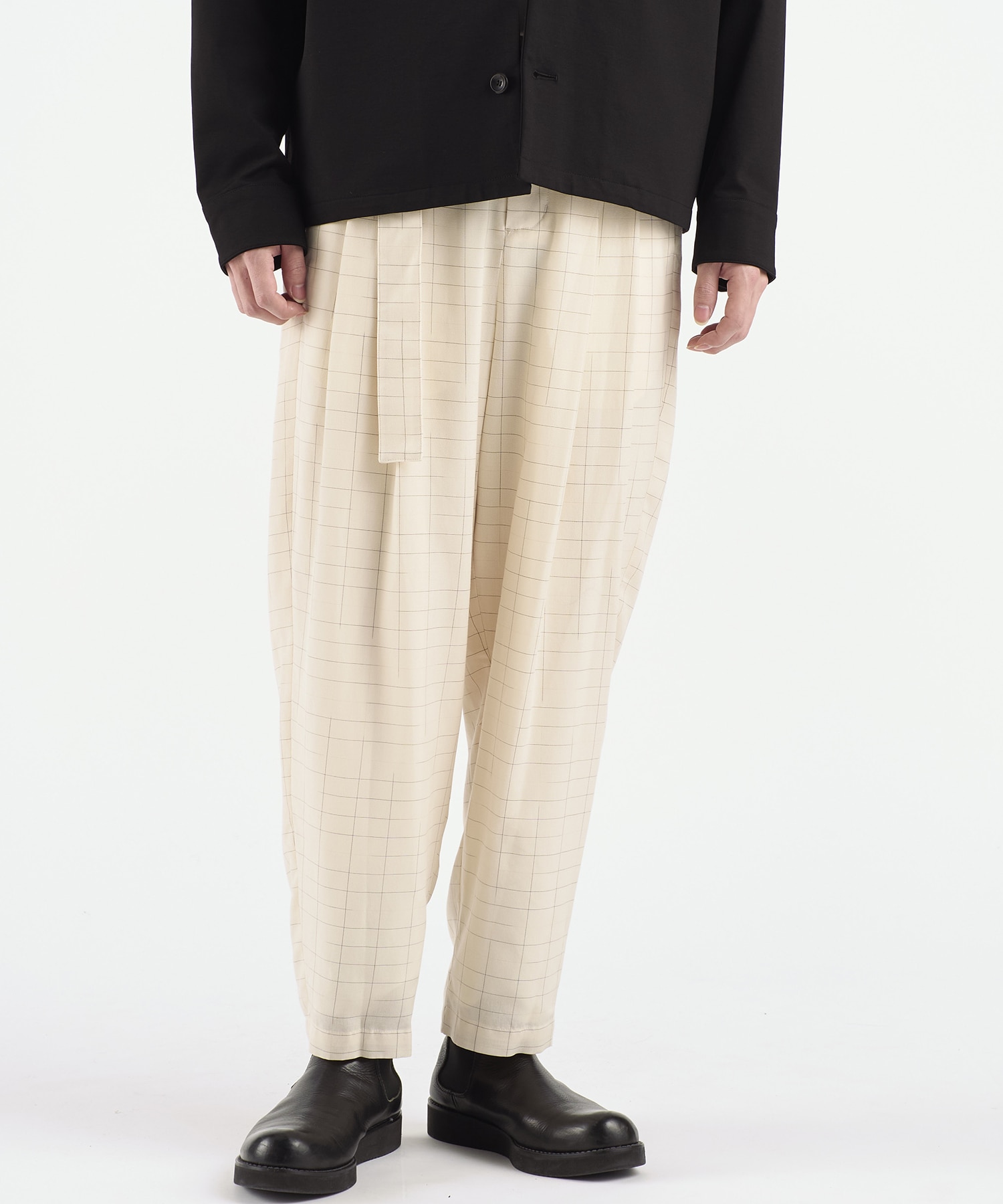 〈別注〉GRID CHECK BELTED WIDE TAPERED SLACKS