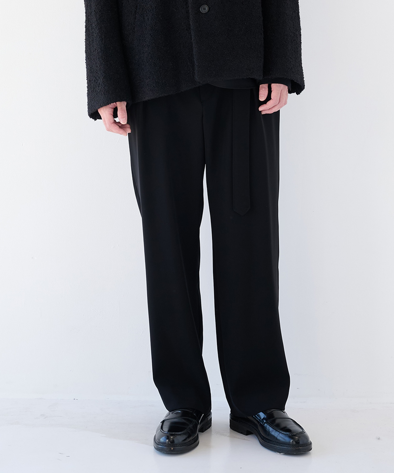 Double Cloth Twill 1Tuck Semi Wide Pants with Long Belt(1 BLACK