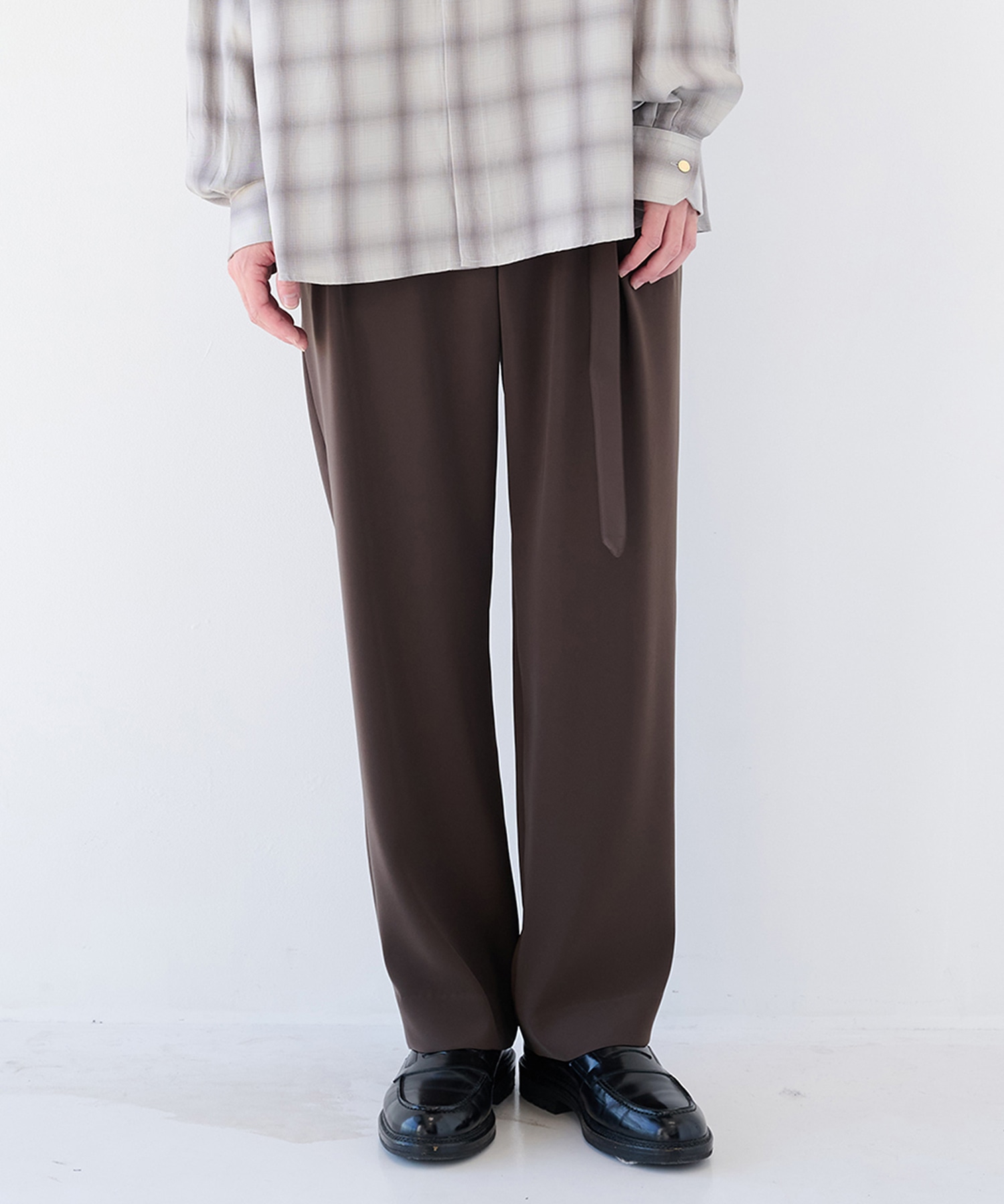 Double Cloth Twill 1Tuck Semi Wide Pants with Long Belt(1 BLACK