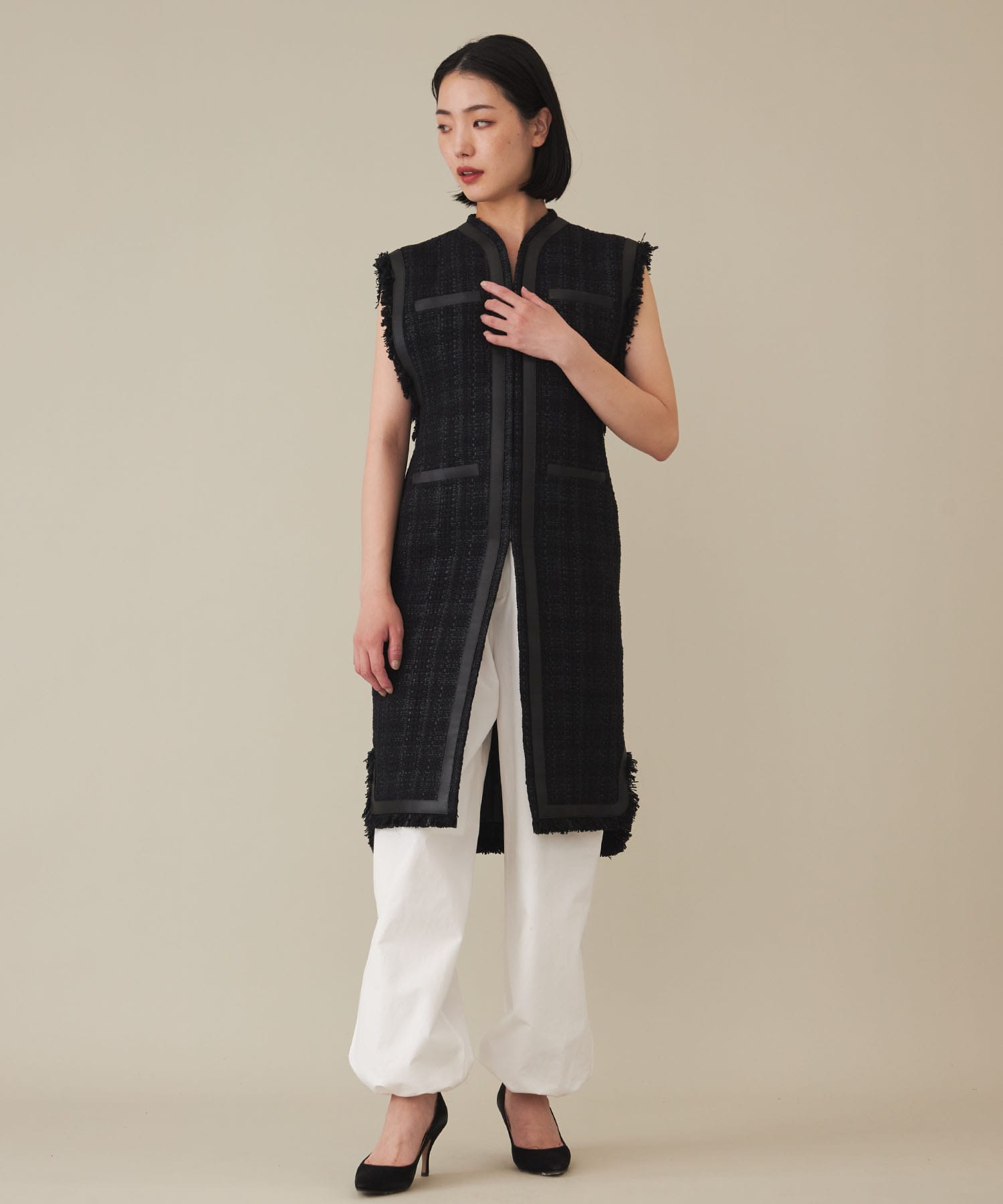 Crafted Tweed Long Vest(1 BLACK): Mame Kurogouchi: WOMENS