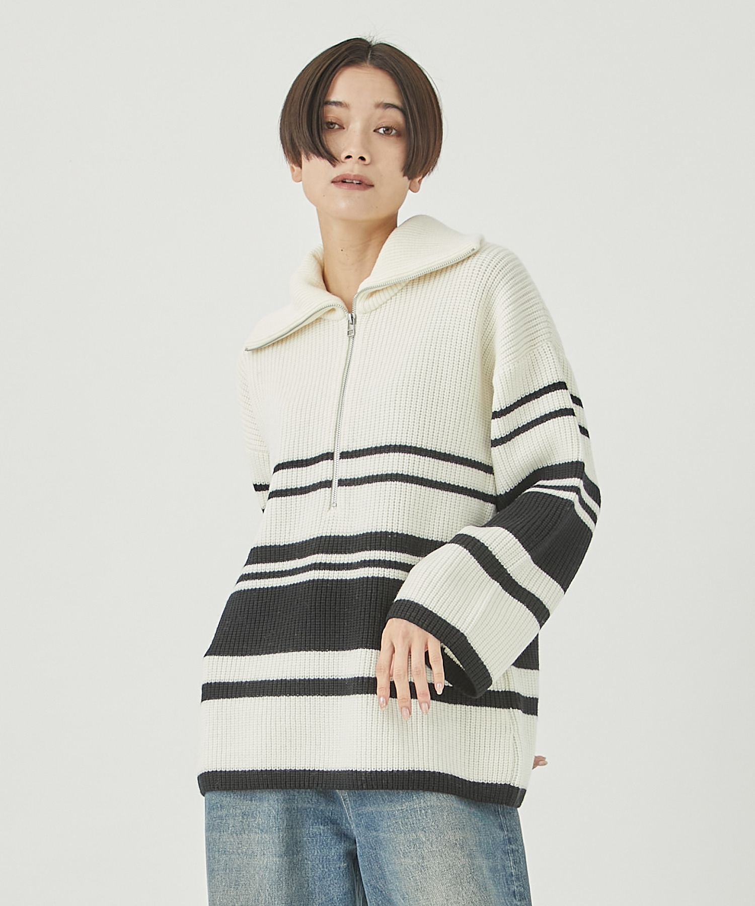 別注〉OVERSIZE BORDER KNIT(0 IVORY): WRAPINKNOT: WOMENS｜ STUDIOUS