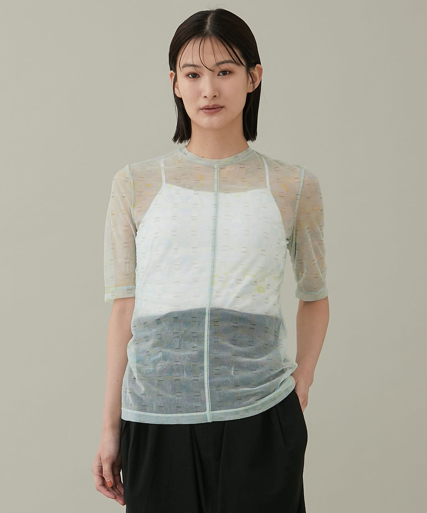 Marble Printed Plaid Sheer Crew Neck Top(1 BROWN): Mame Kurogouchi