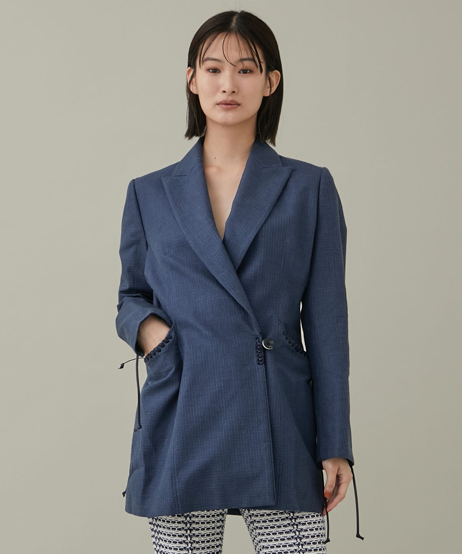 Geometric Silk Cotton Jacquard Double Beasted Jacket(1 NAVY): Mame