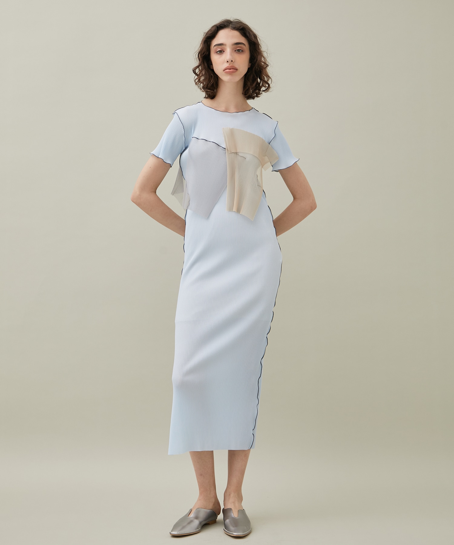 別注〉see-through short sleeve dress crew neck(S LIGHT BLUE