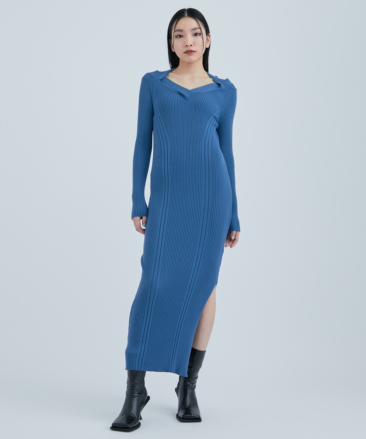 Design Neck Knit Dress(1 DARK GREY): STUDIOUS: WOMENS｜ STUDIOUS