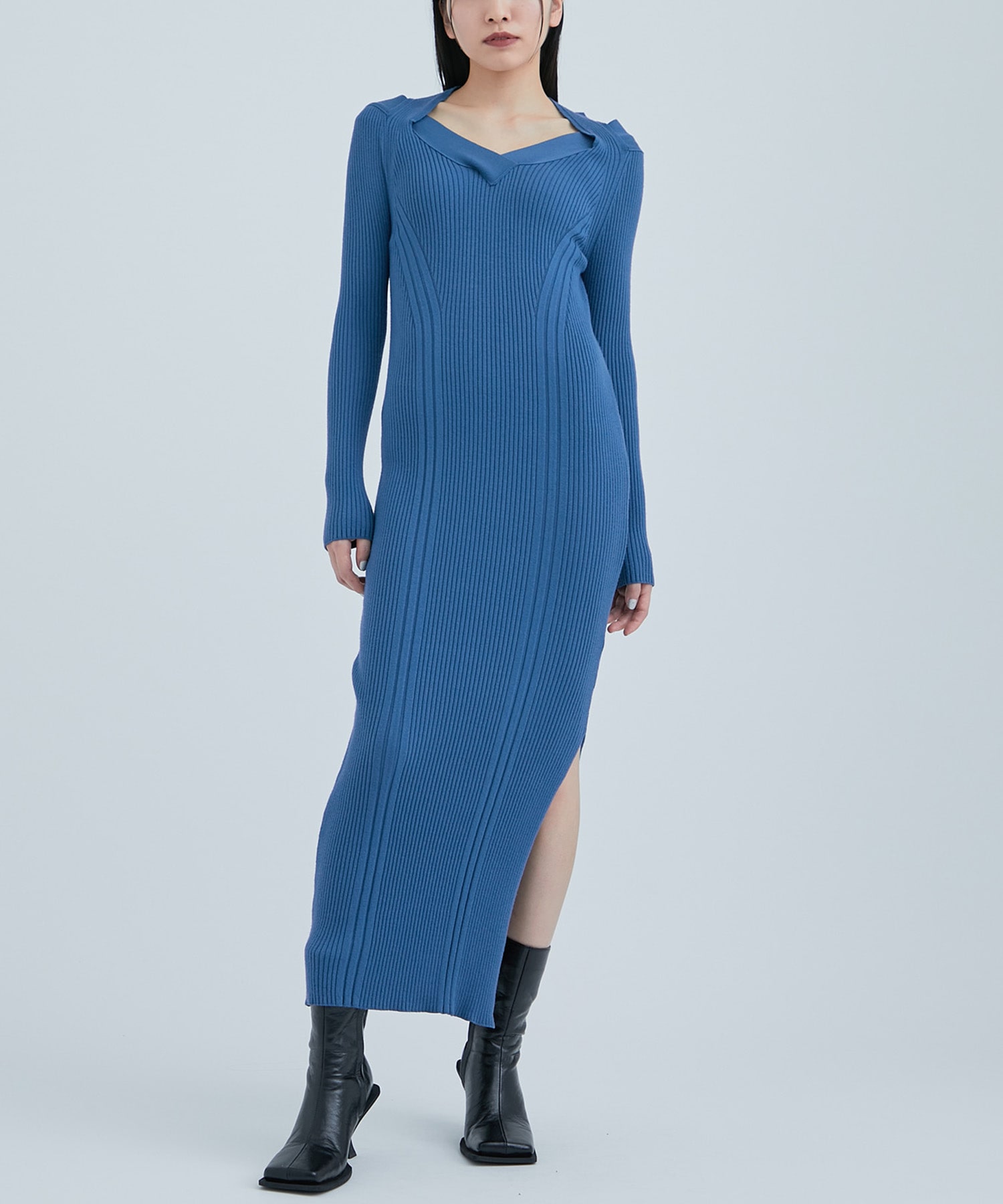 Design Neck Knit Dress(2 DARK GREY): STUDIOUS: WOMENS｜ STUDIOUS