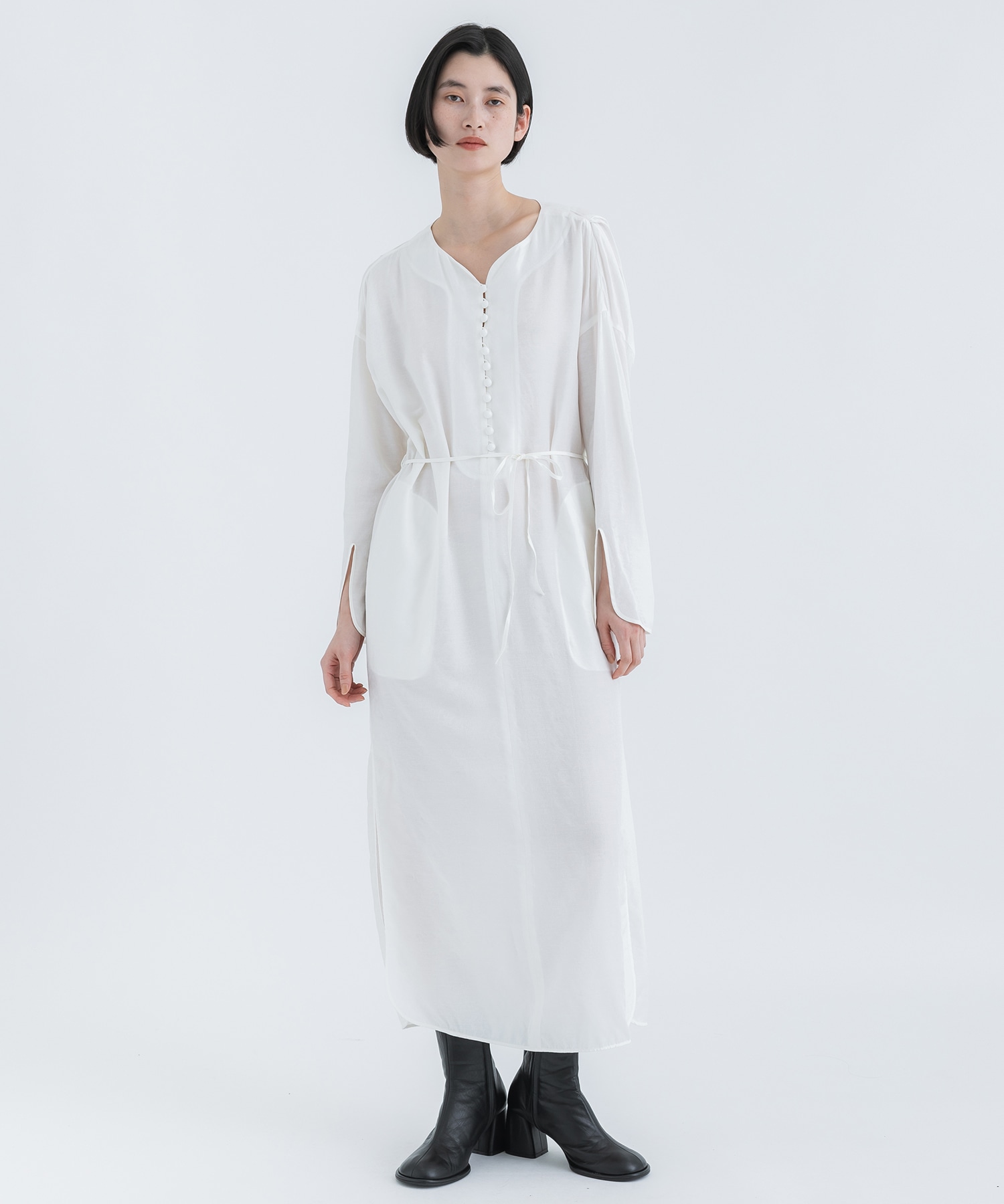 Floral Pattern Silk Rayon Jacquard I-Line Dress(1 WHITE): Mame 