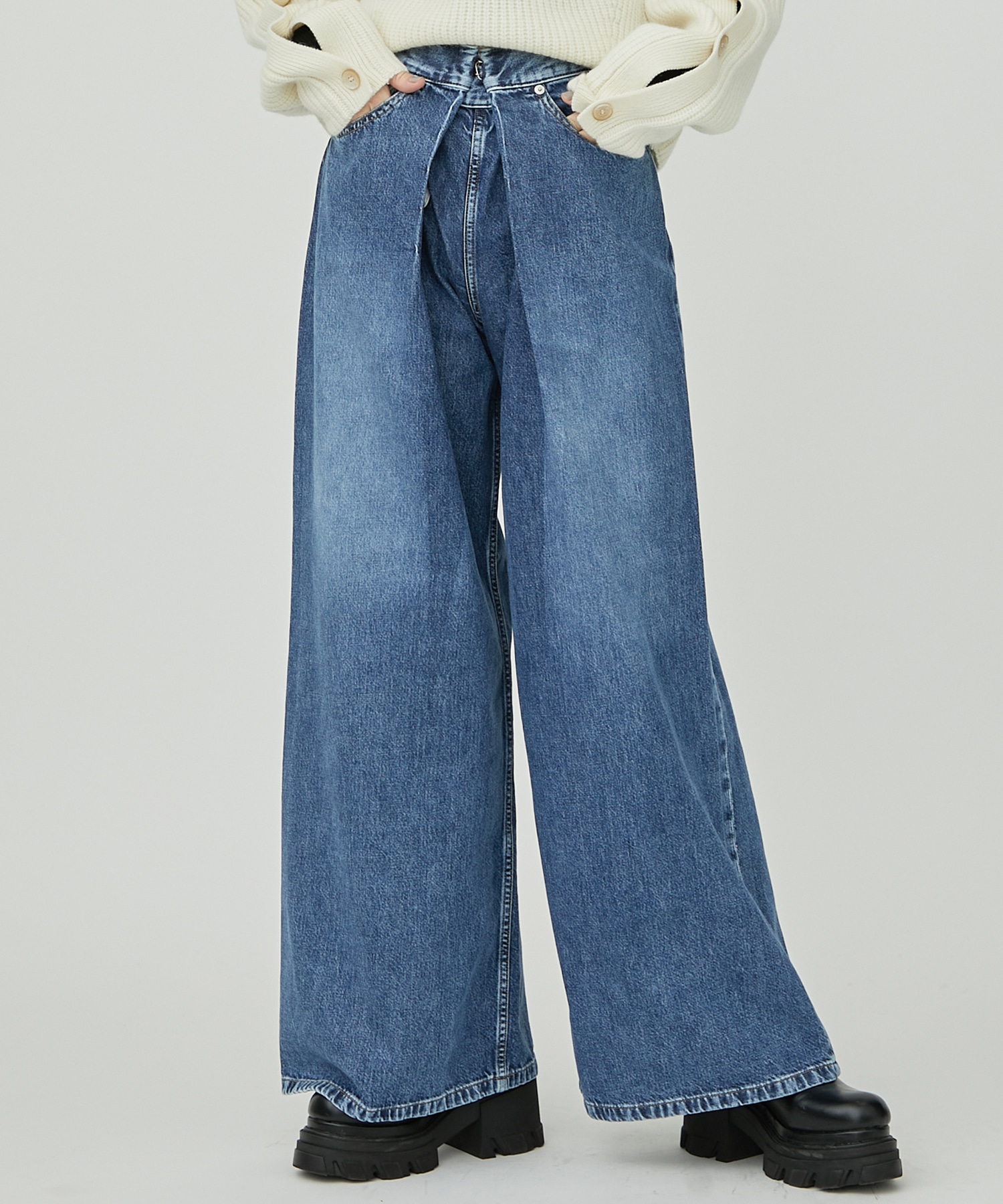 WASHED DENIM WIDE PANTS (SHORT LENGTH)(S BLACK): JOHN LAWRENCE