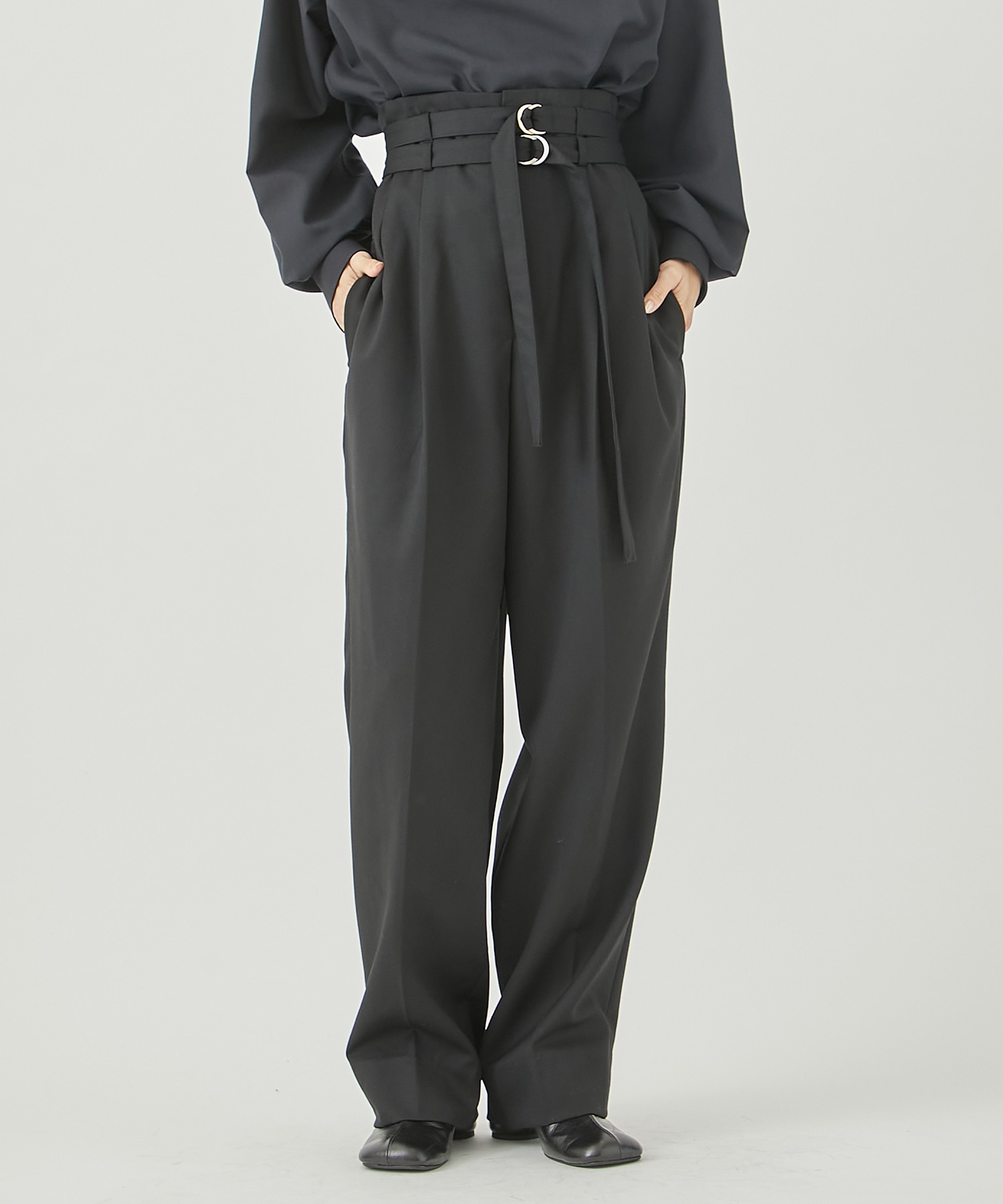 BLACK FORMAL DOUBLE BELT TWO TUCK PANTS(36 BLACK): CINOH: WOMENS