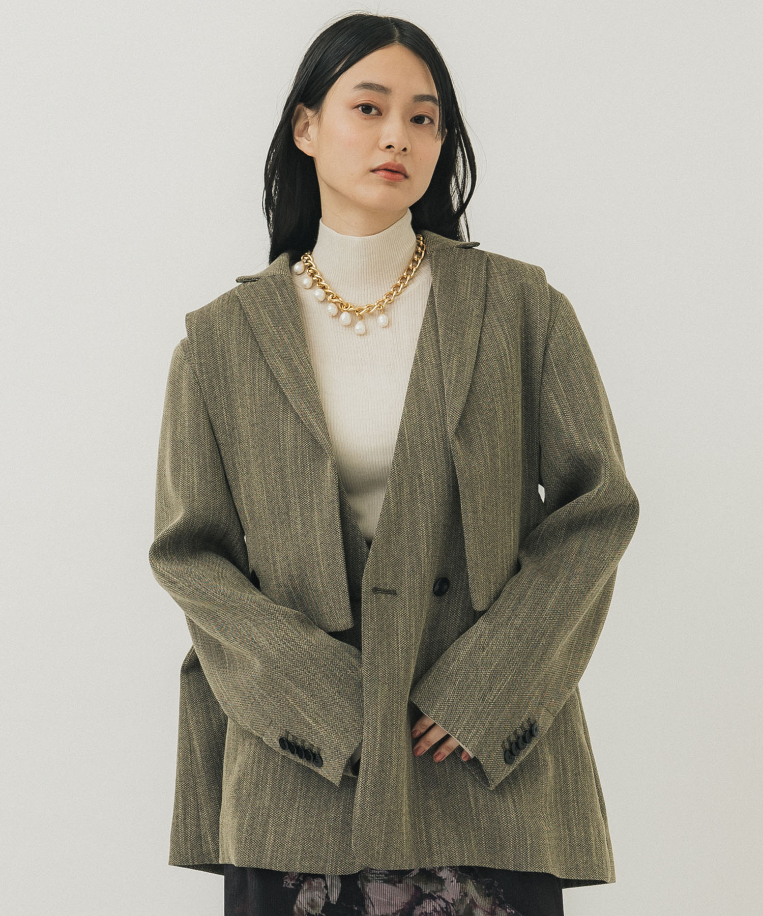 CONVERTIBLE HERRINGBONE JACKET(S GREY BEIGE): AMERI: WOMENS ...