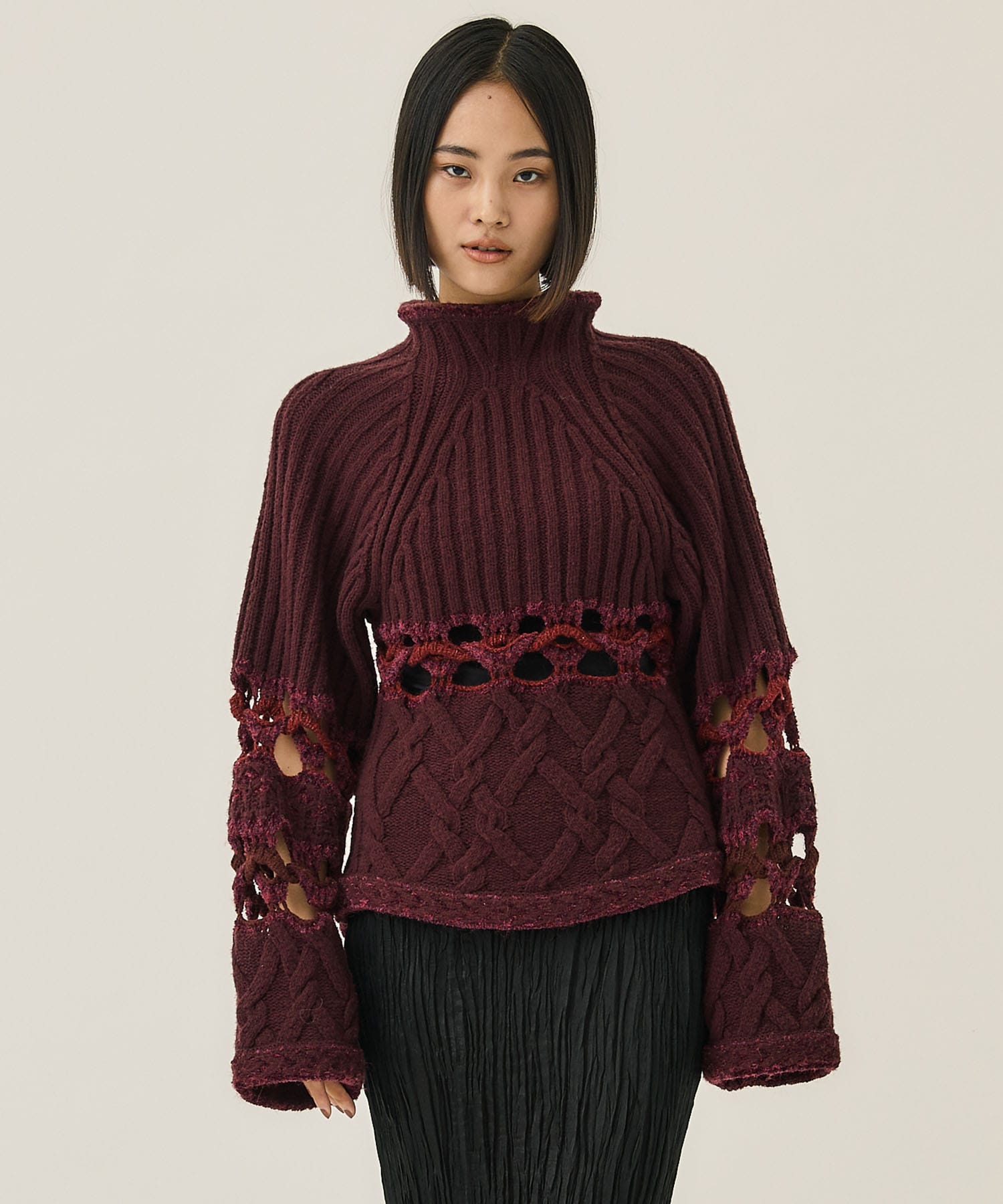 Basket Pattern Combination Knitted Pullover(2 WINE): Mame