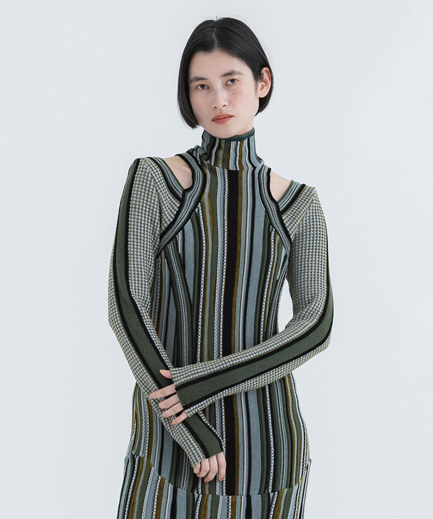 Stripe Jacquard High Neck Knitted Top(1 KHAKI): Mame Kurogouchi 