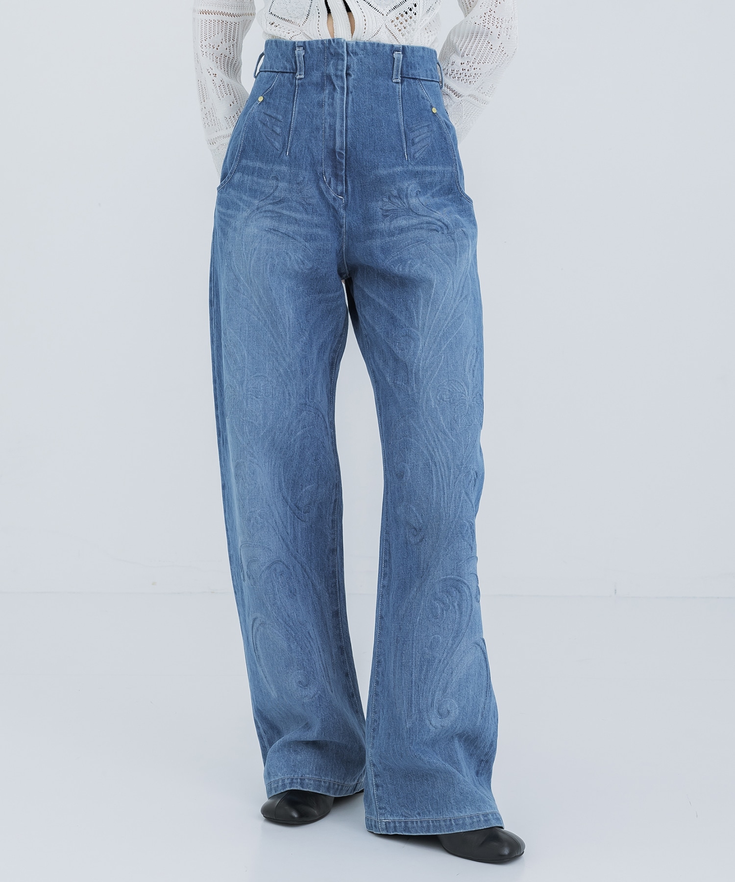 Floral Embossed Wide Leg Jeans(1 BLUE): Mame Kurogouchi: WOMENS 