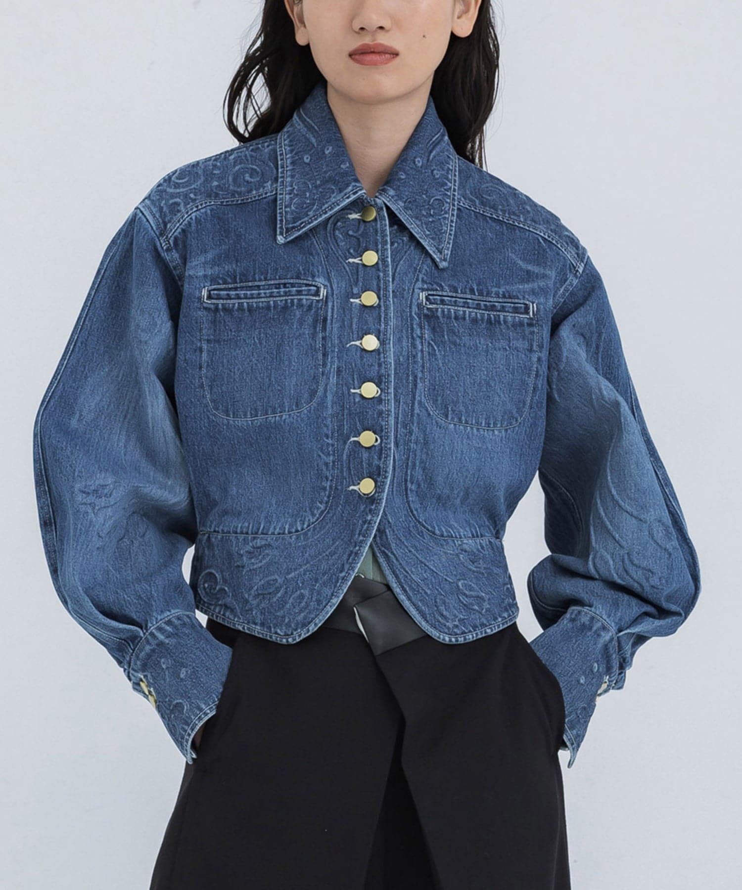 Floral Embossed Short Denim Jacket(1 BLUE): Mame Kurogouchi 