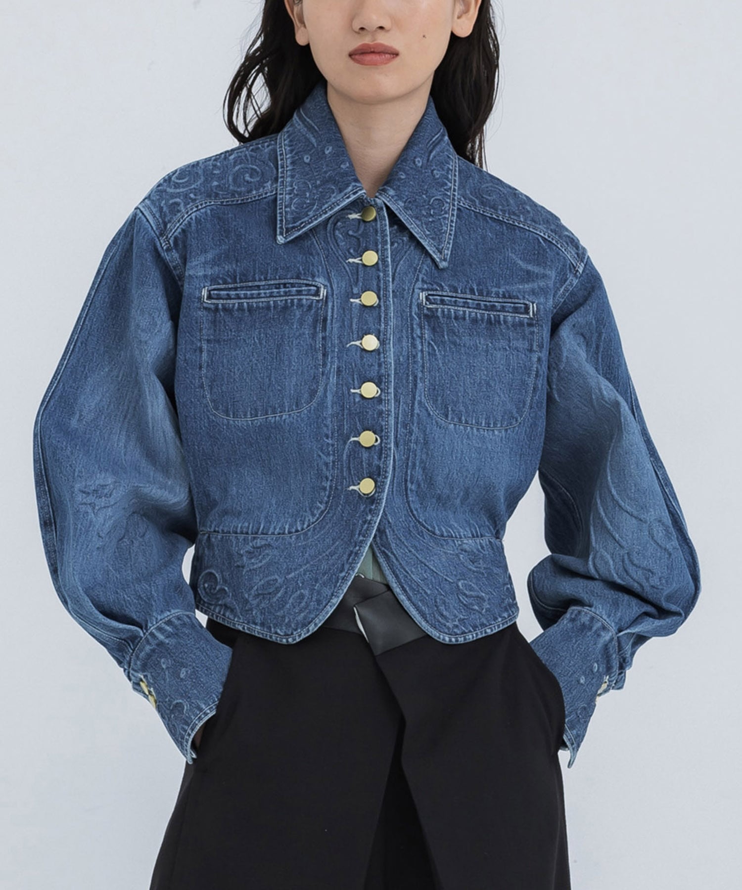 Floral Embossed Short Denim Jacket(1 BLUE): Mame Kurogouchi