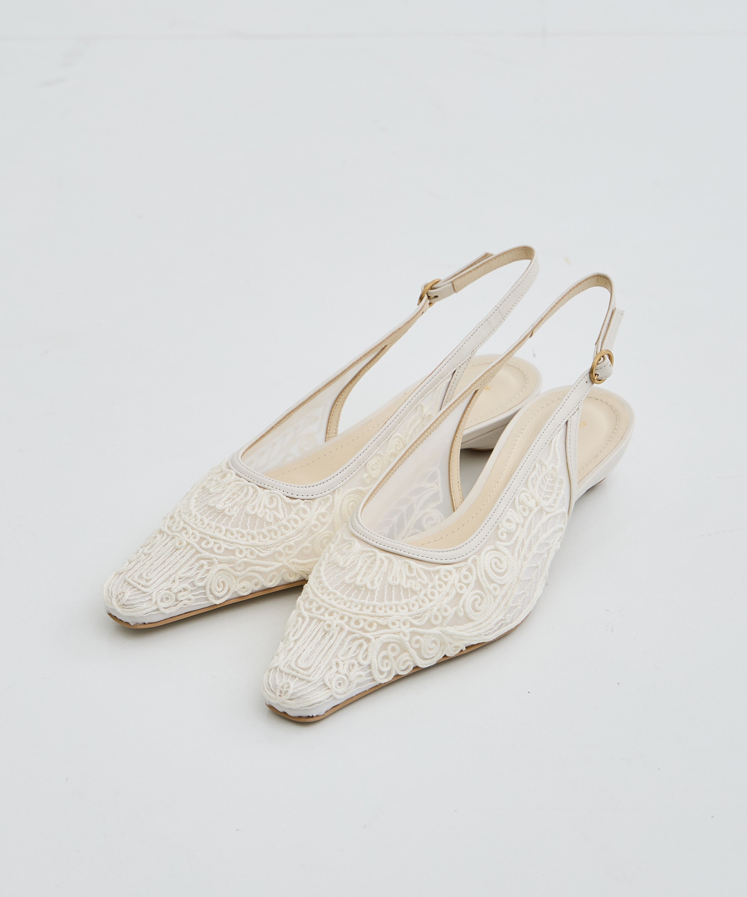 Cording Embroidery Sling Back Heels(22.5 WHITE): Mame