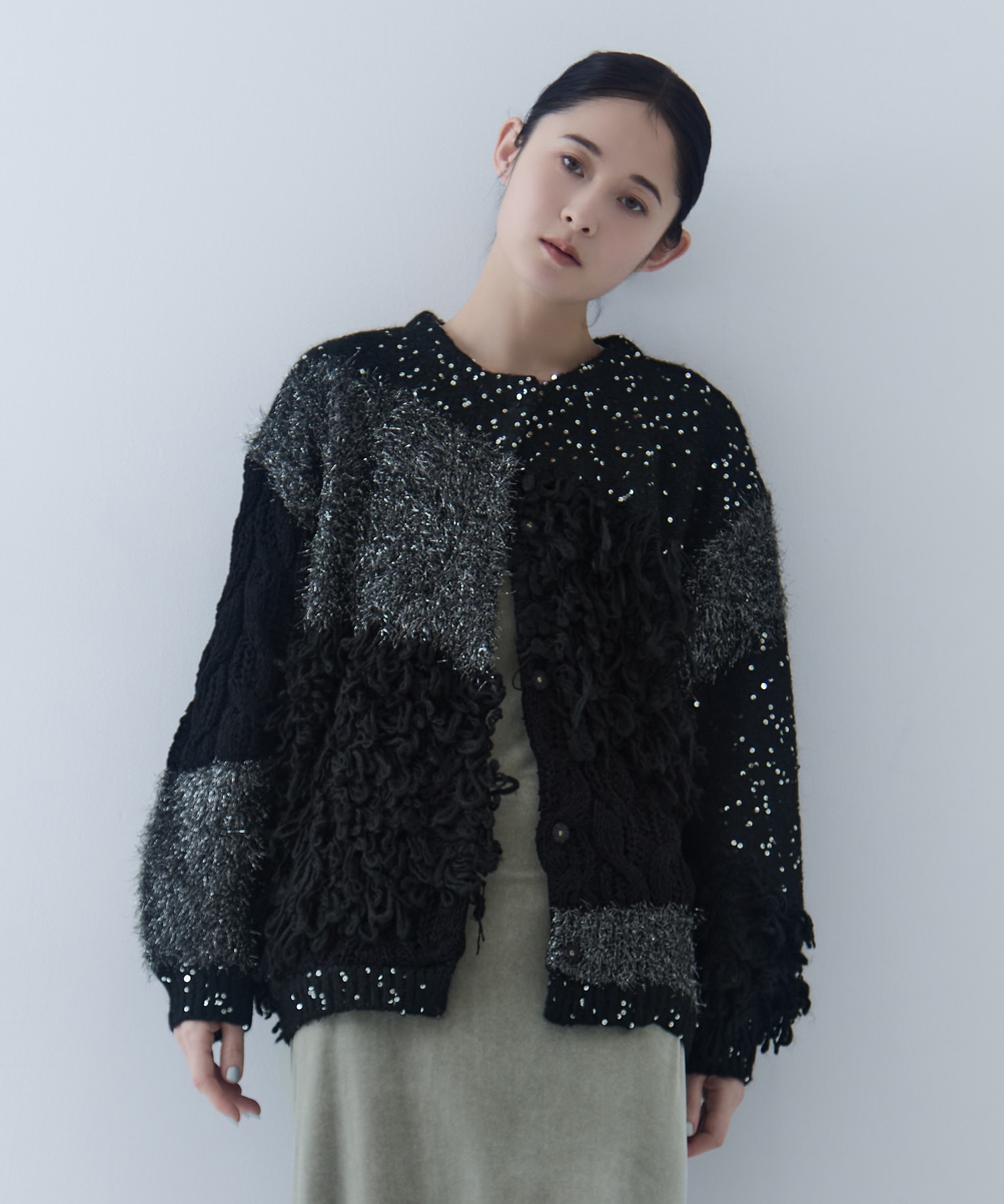 【新品】UND MIX YARN PATCHWORK KNIT CARDIGAN UND MIX YARN PATCHWORK KNIT CARDIGAN(FREE BLACK): AMERI: WOMENS