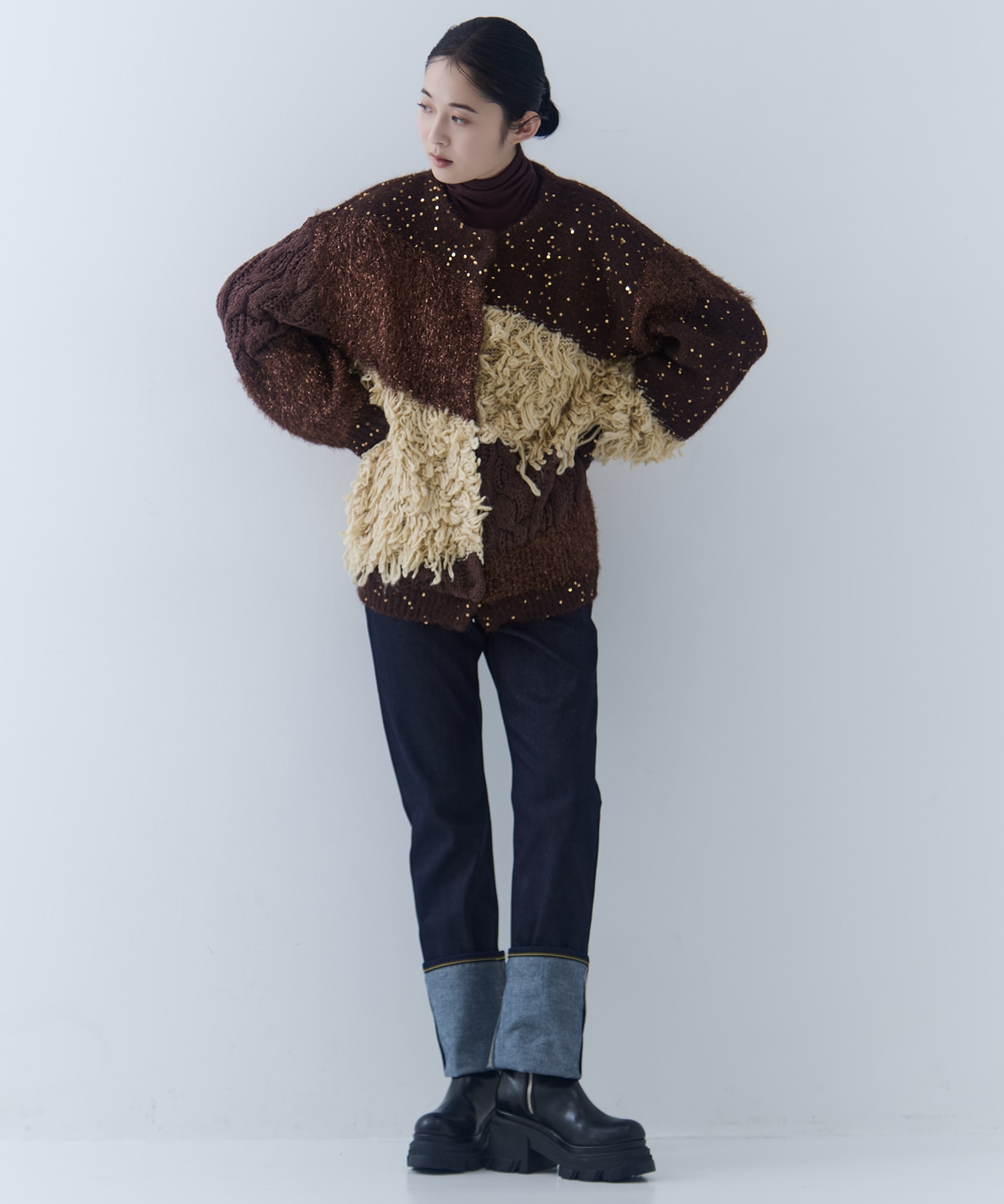 UND MIX YARN PATCHWORK KNIT CARDIGAN(FREE BLACK): AMERI: WOMENS