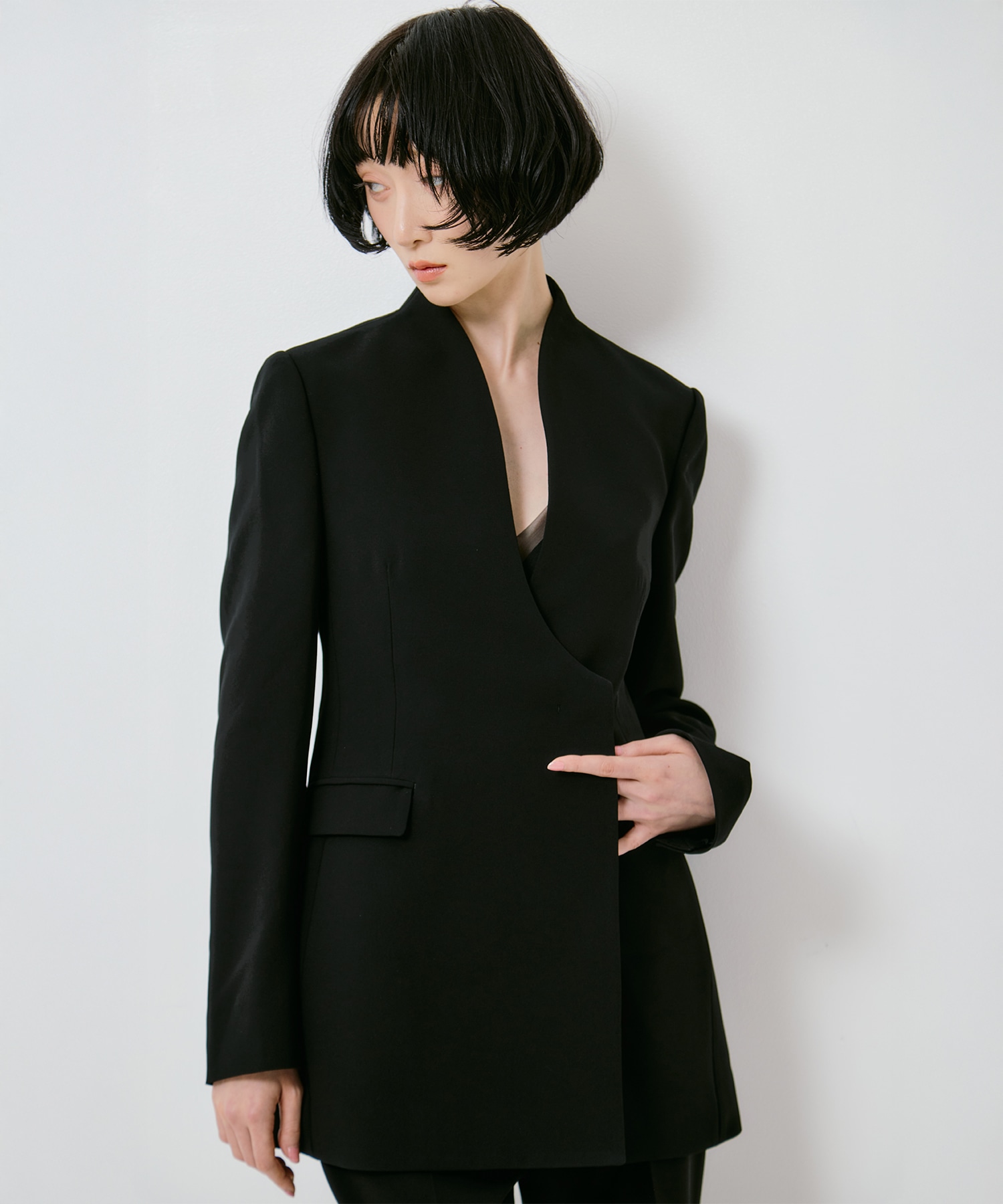 Triacetate Polyester Collarless Double Breasted Suit Jacket(1