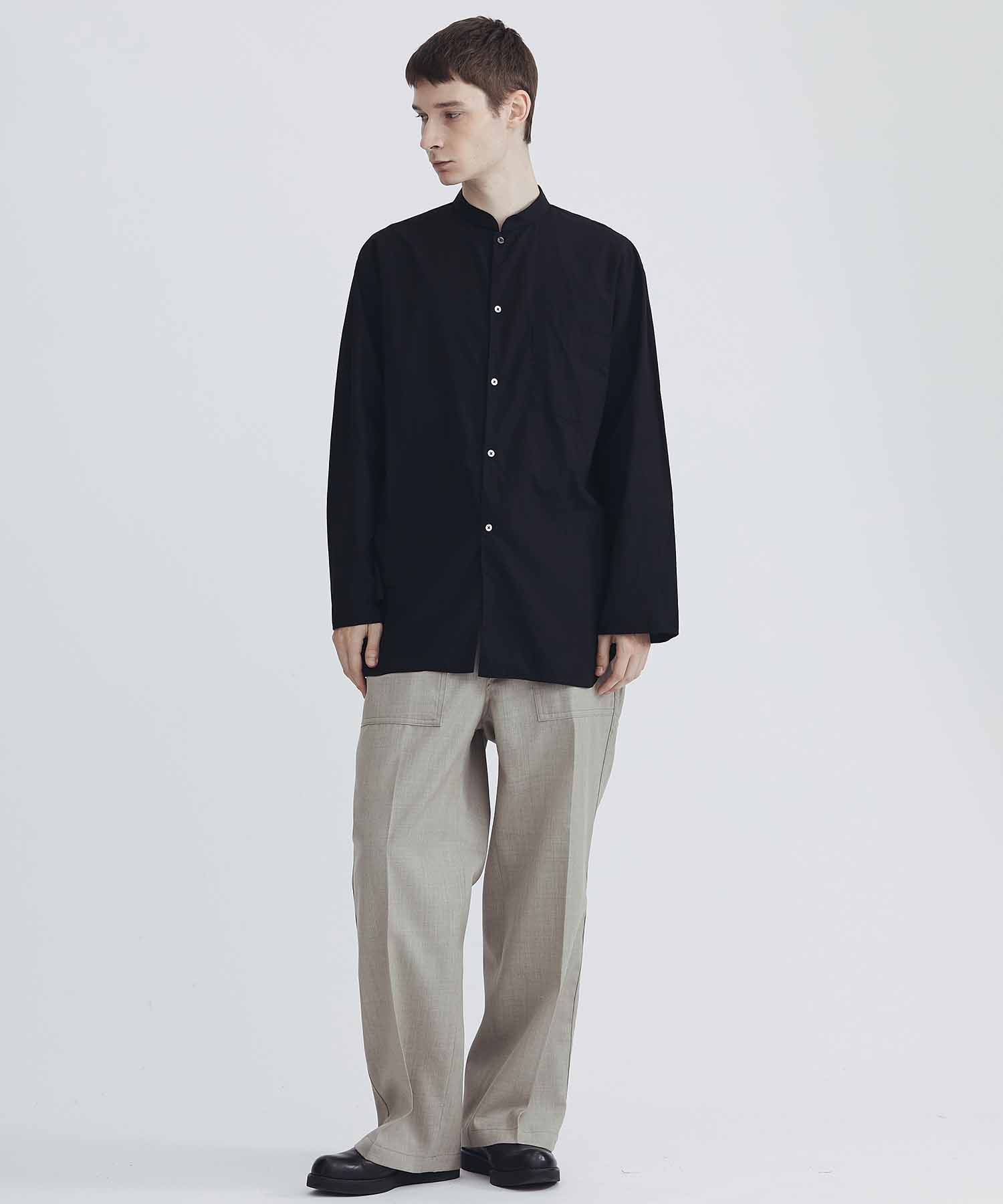 Chambray Stand Collar Cuffless Shirt blurhms