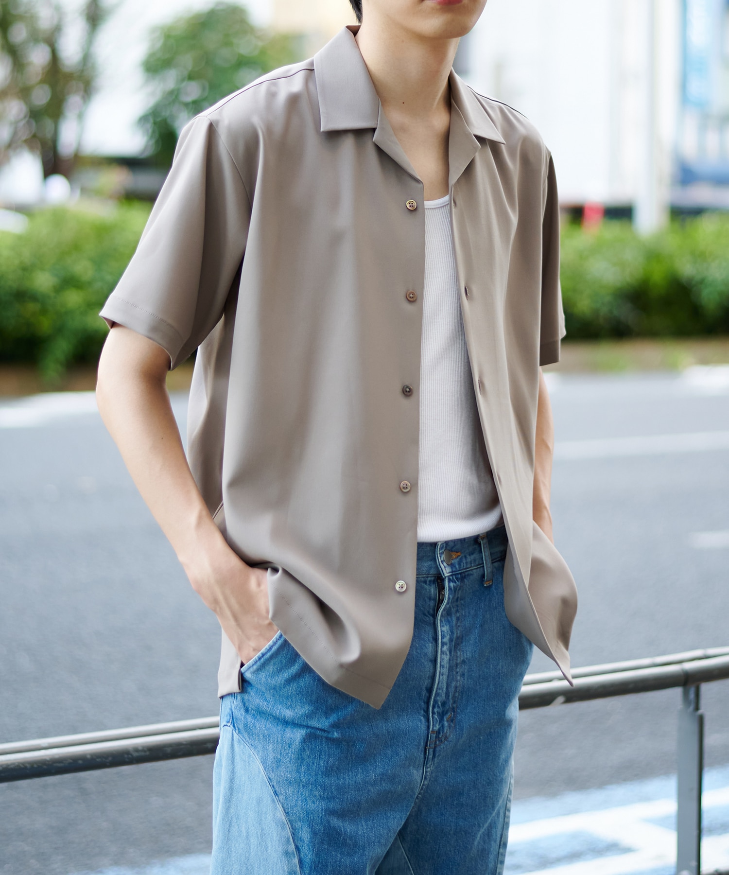 DRY TWILL OPEN COLLAR S/S SHIRT STUDIOUS