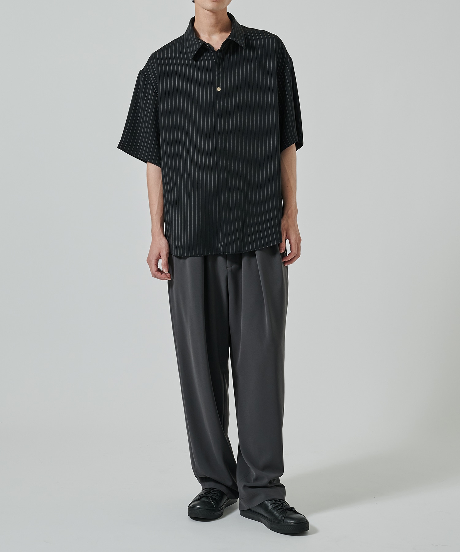 Double Satin Stripe Bow Tie Short Sleeve Shirt CULLNI