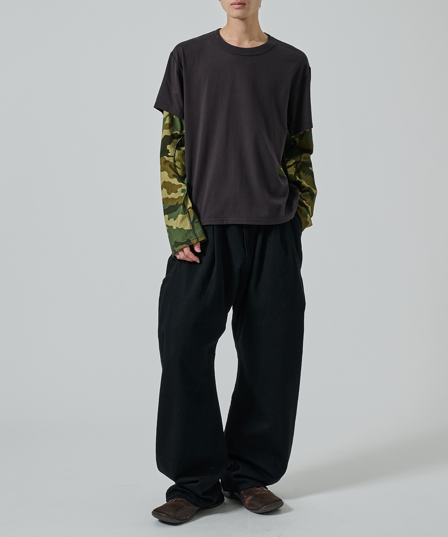 別注 PANELED LAYERD SLEEVE T-SHIRT NVRFRGT