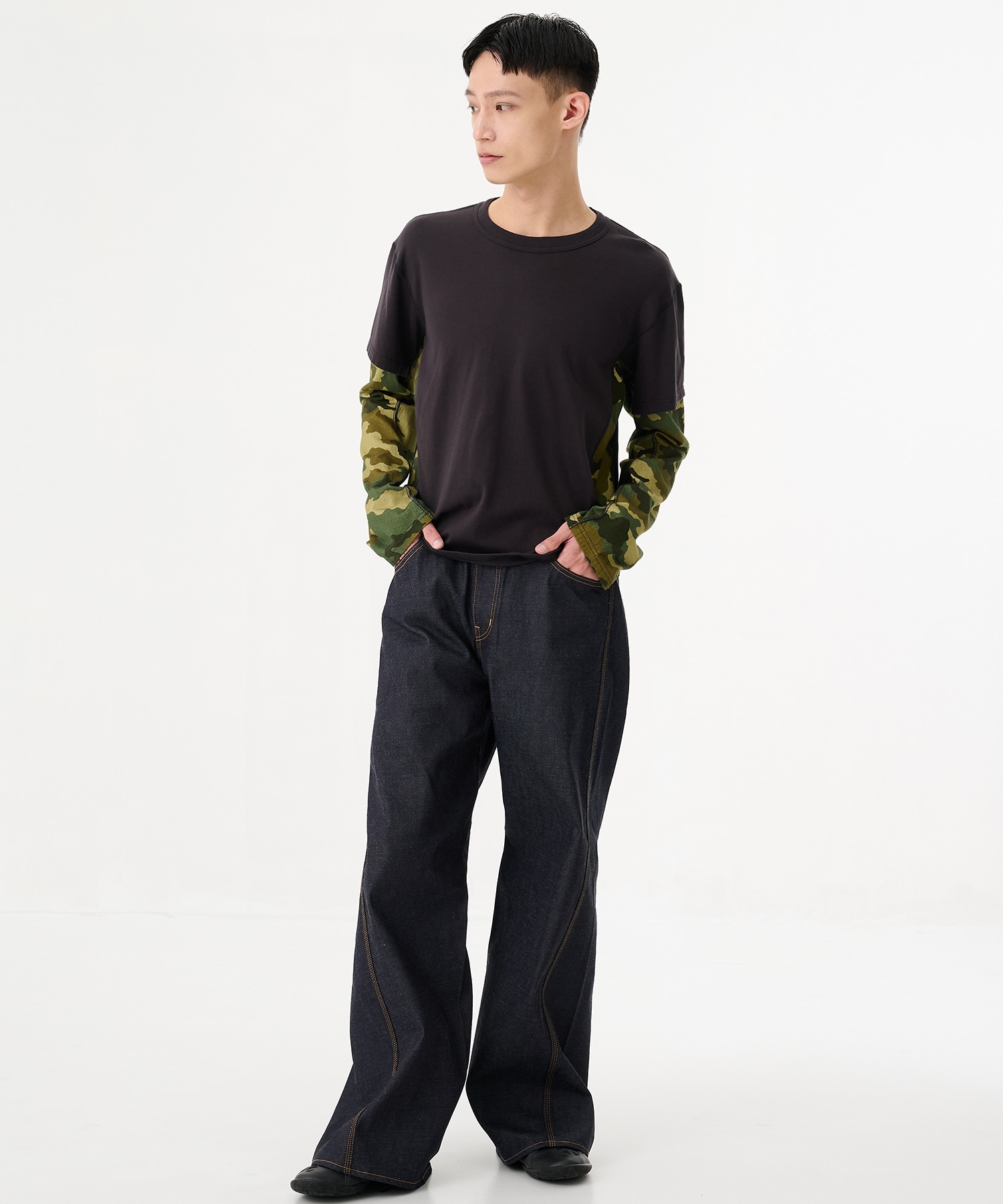 別注 PANELED LAYERD SLEEVE T-SHIRT NVRFRGT
