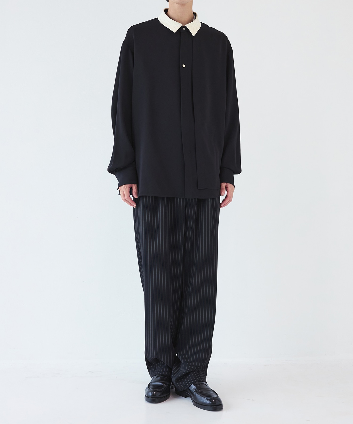 Stripe Collar Double Cloth Asymmetrical Layered Shirt CULLNI