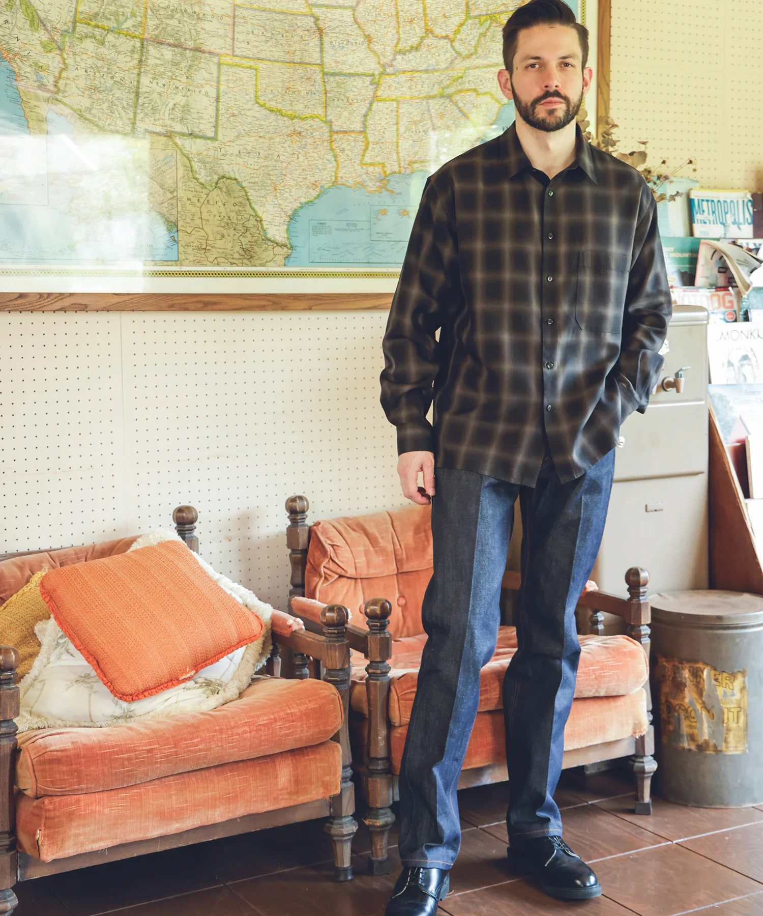 TENCEL CHECK /SQUARE REGULAR COLLAR SHIRT MR.OLIVE