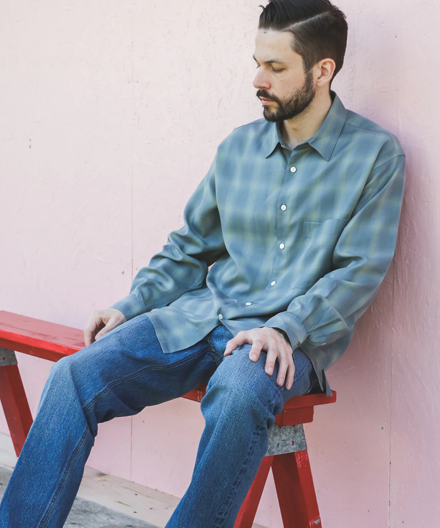 TENCEL CHECK /SQUARE REGULAR COLLAR SHIRT MR.OLIVE