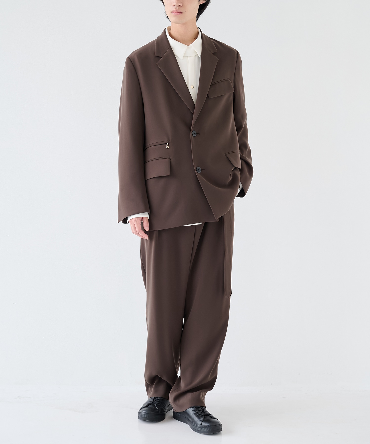 Double Cloth Twill 1Tuck Semi Wide Pants with Long Belt CULLNI