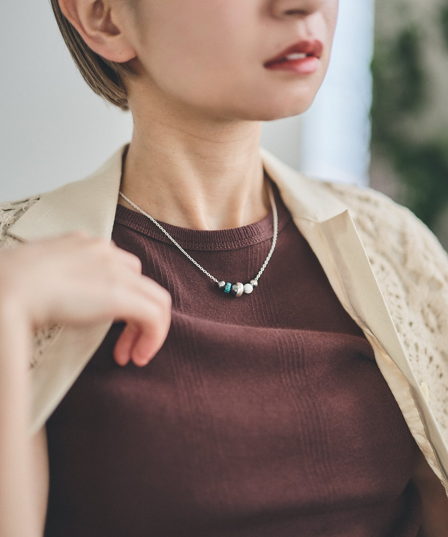 C-047 Navajo Pearl Necklac(White onyxturquoise) (45cm) WAKAN SILVER SMITH