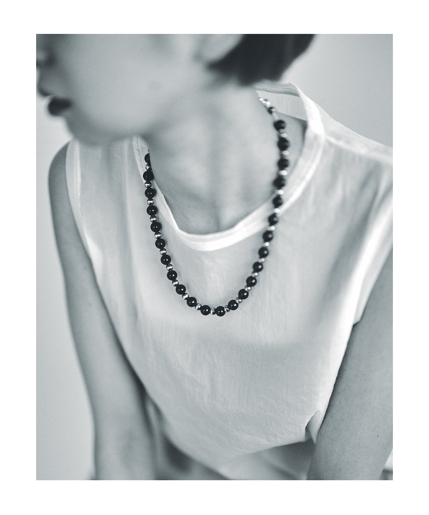 C-049 Navajo Pearl Necklace(Black Tourmaline) (47cm) WAKAN SILVER SMITH