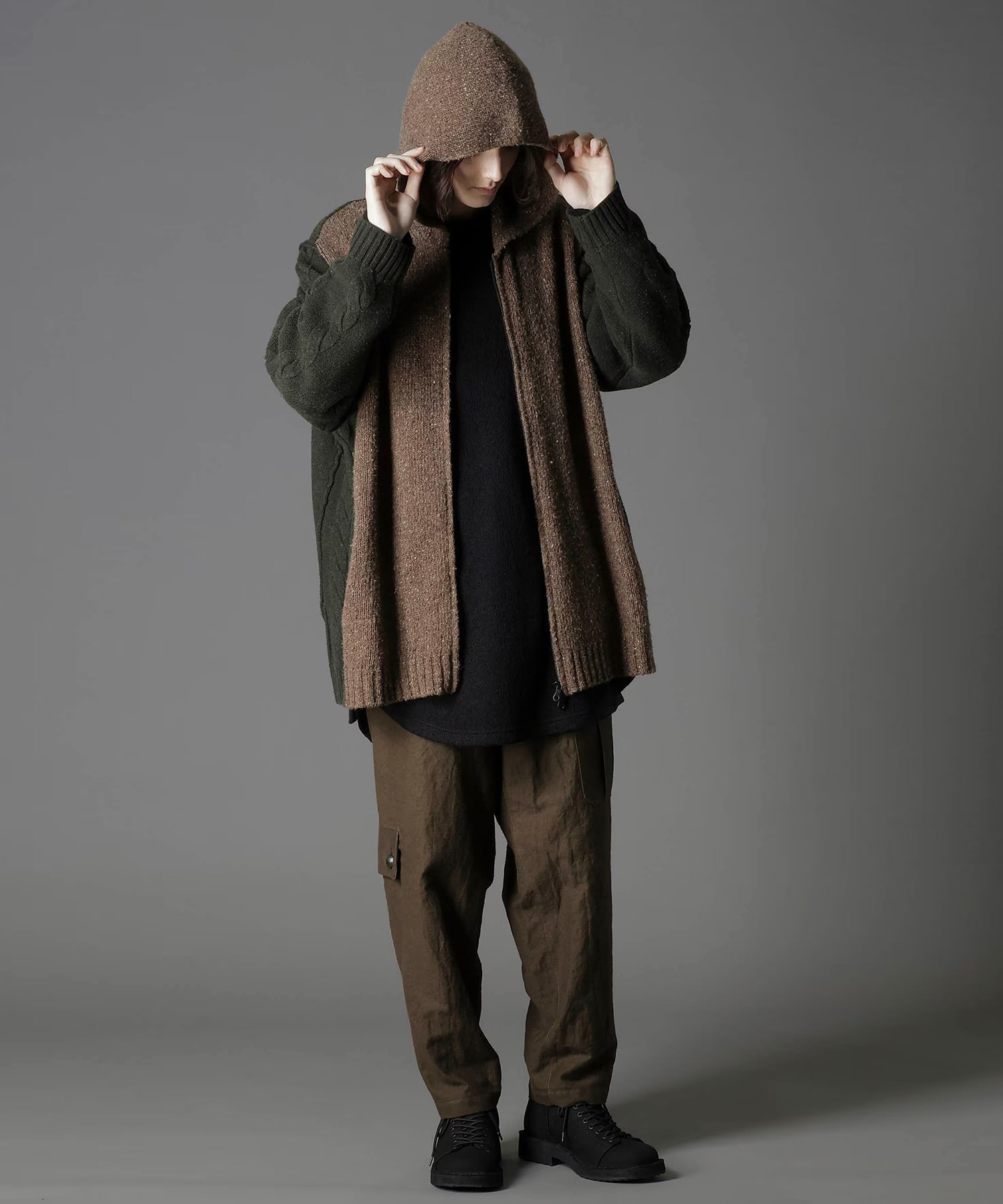 FINE MERINO WOOL CABLE SWITCH UNBALANCE HOODIE GroundY