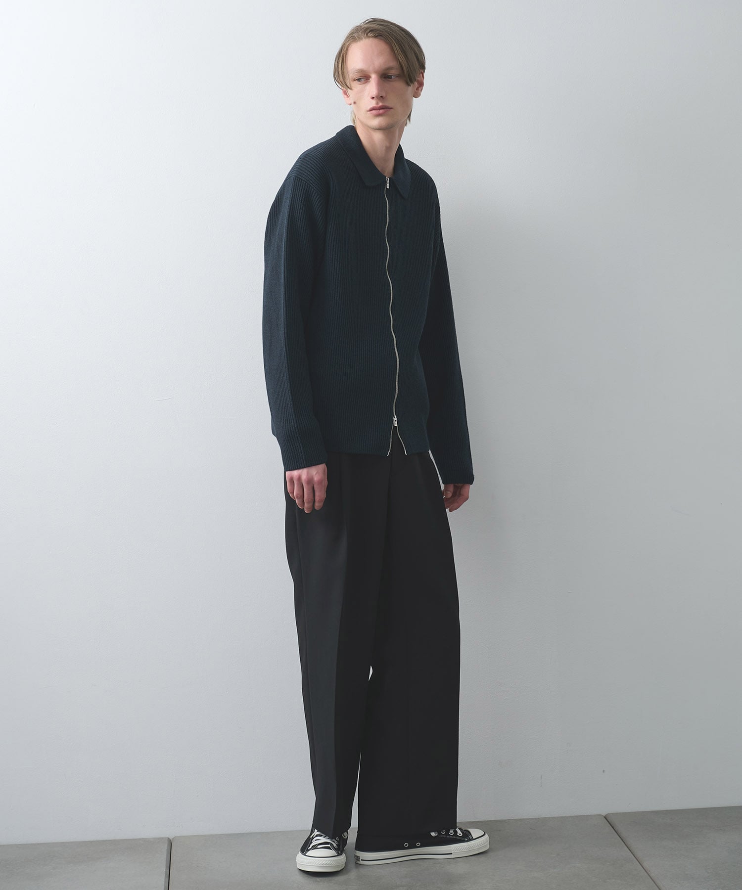 SOLID WOOL RIB POLO ZIP UP CARDIGAN BATONER