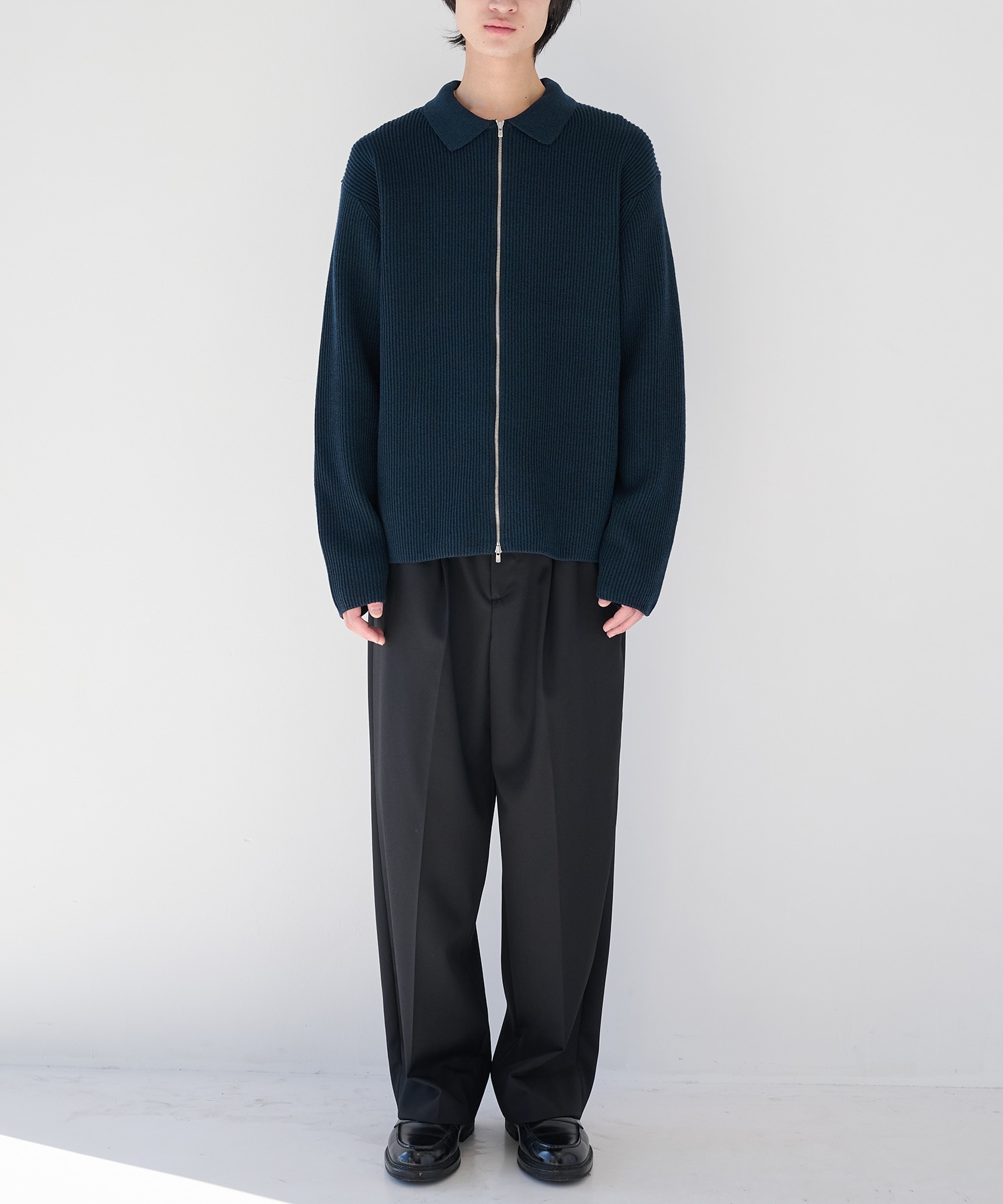 SOLID WOOL RIB POLO ZIP UP CARDIGAN BATONER