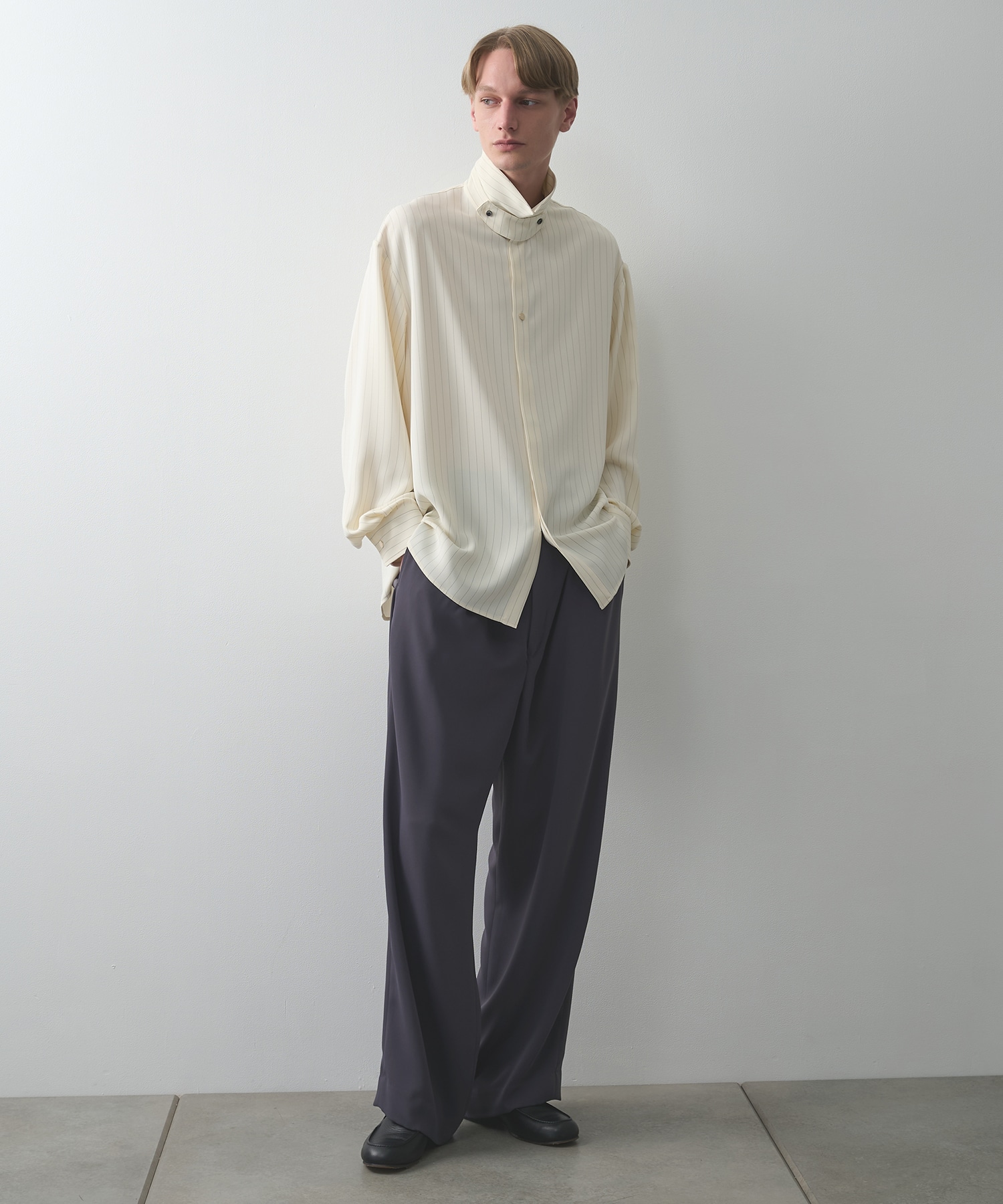 Stripe Double Cloth Chin Tab Long Sleeve Shirt | SULLNI