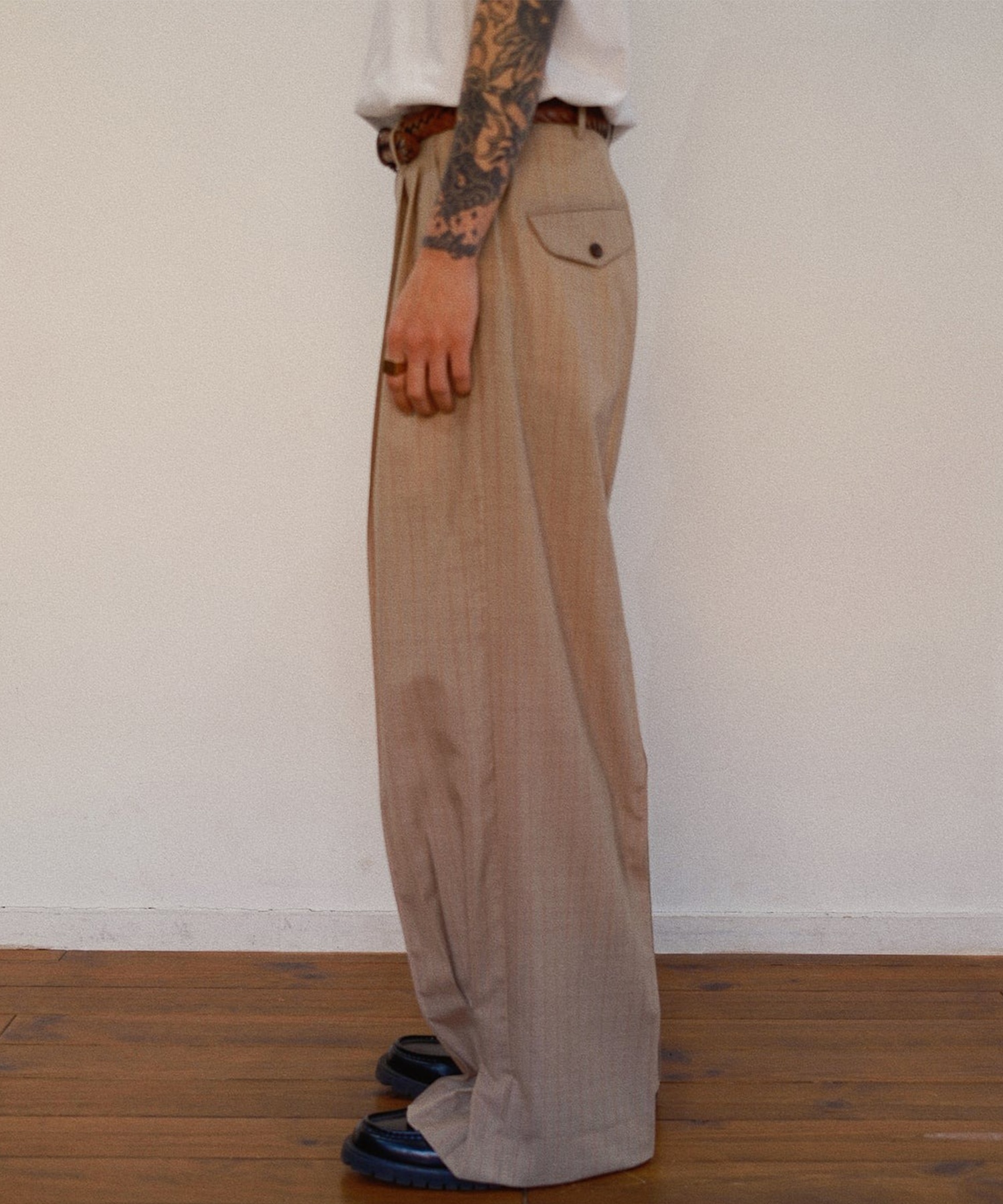 Pleated Stripe Summer Wool Pants KHOKI