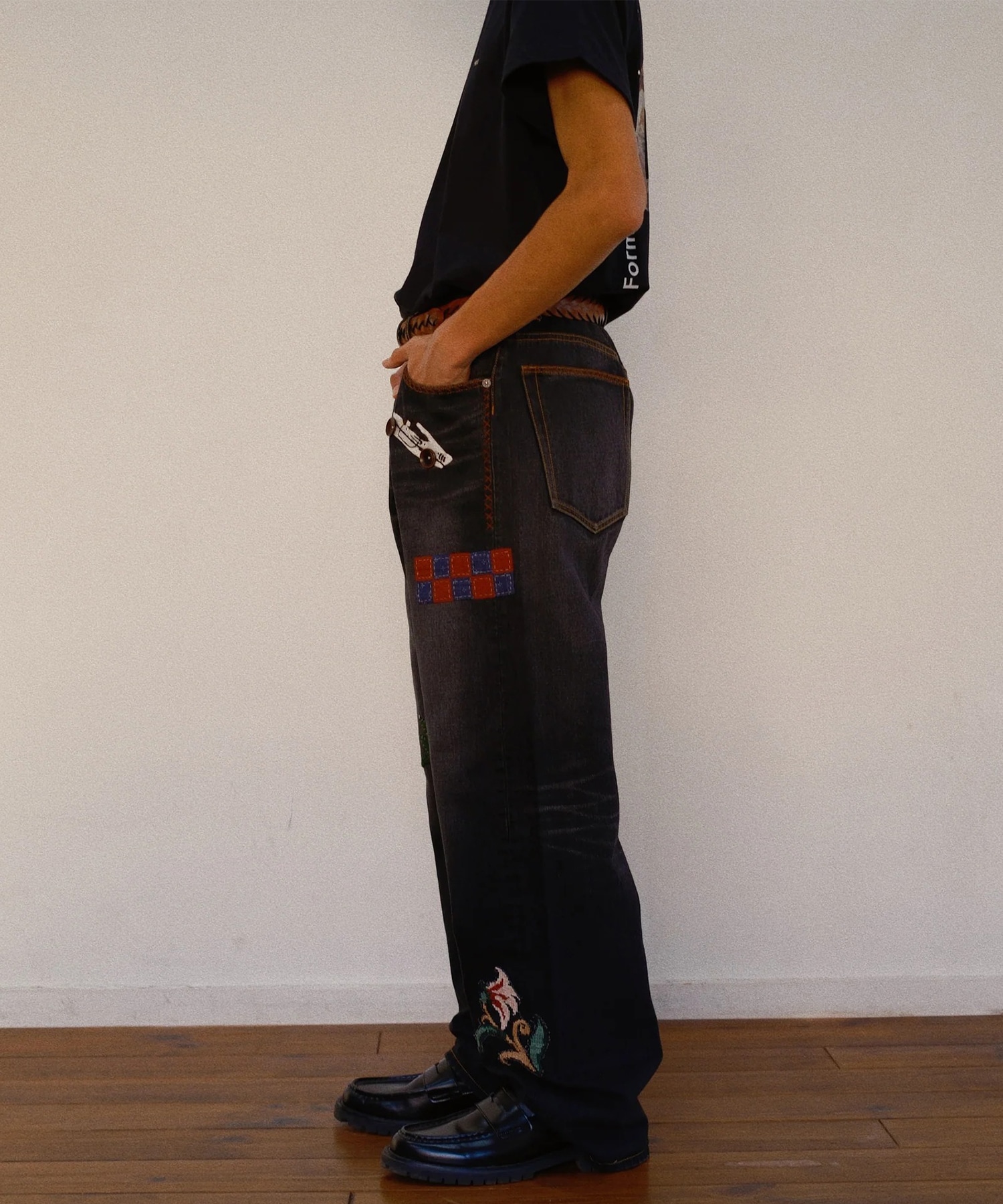 Hand-Embroidered Denim Pants KHOKI