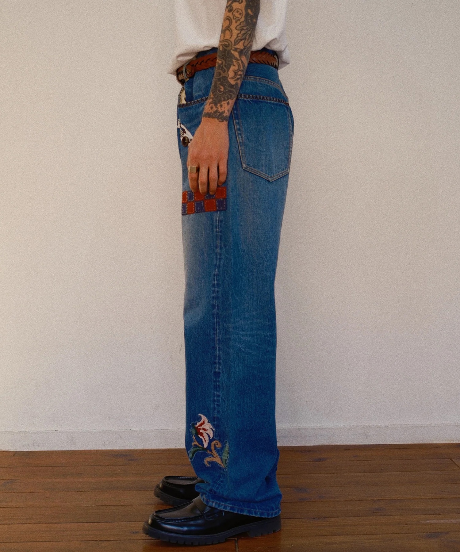 Hand-Embroidered Denim Pants KHOKI