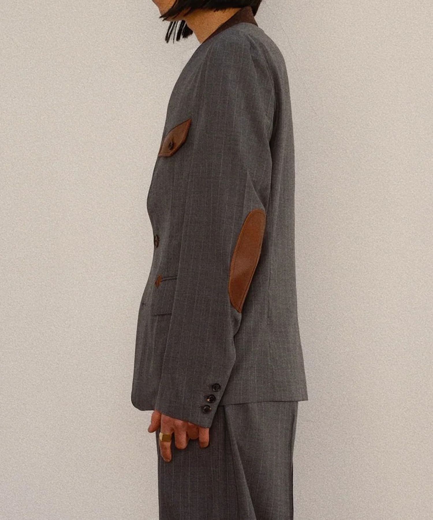 Leather-Patch No-Collar Jacket KHOKI