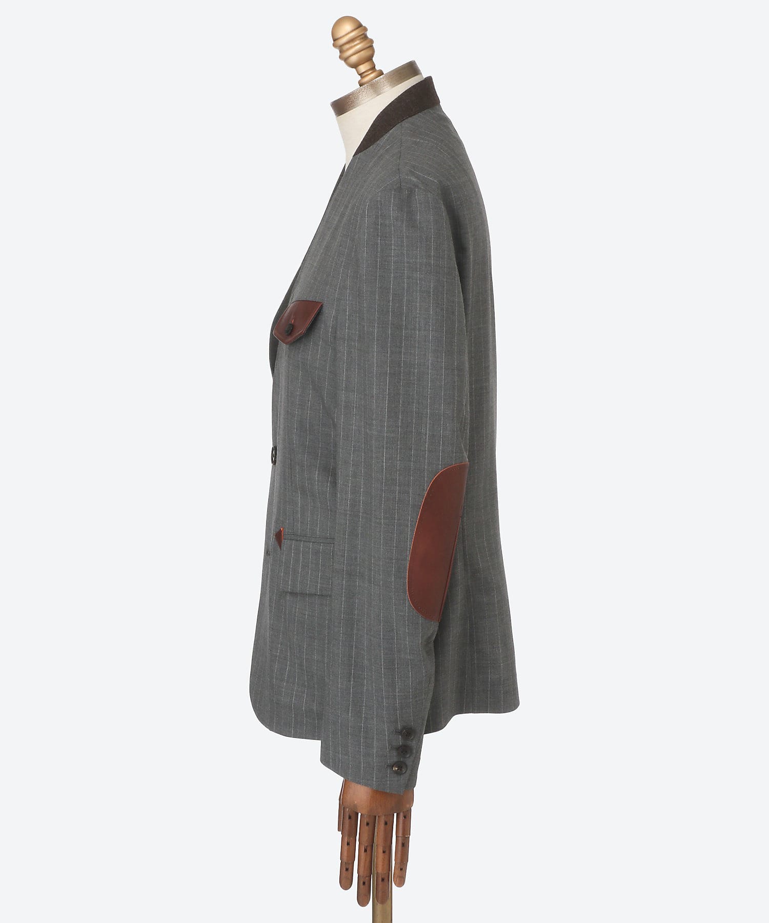 Leather-Patch No-Collar Jacket KHOKI