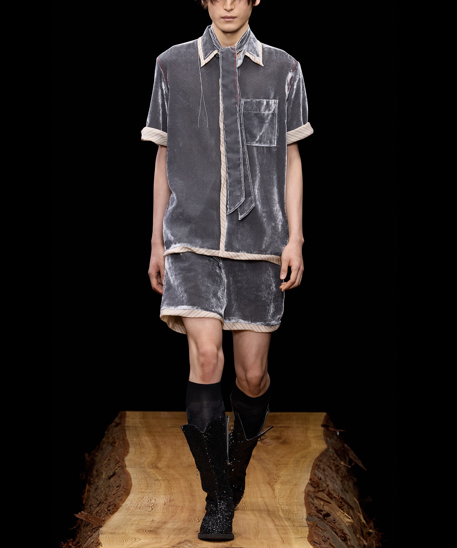 UNEVEN VELVET HALF SLEEVE SHIRT MASU