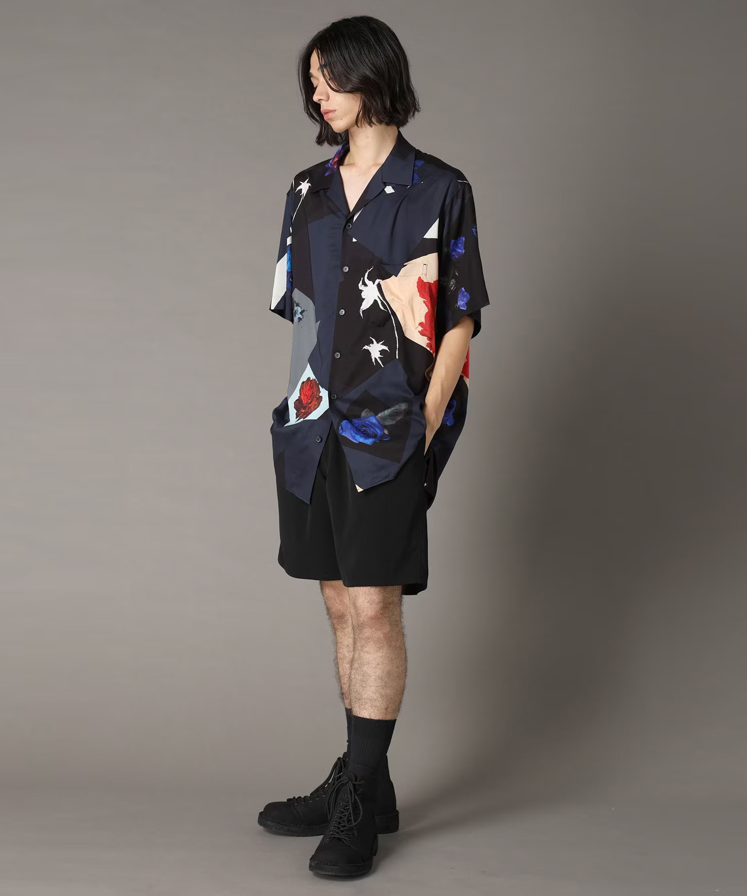 FLORAL PATCHWORK PRINT OPEN-COLLAR SHIRT GroundY