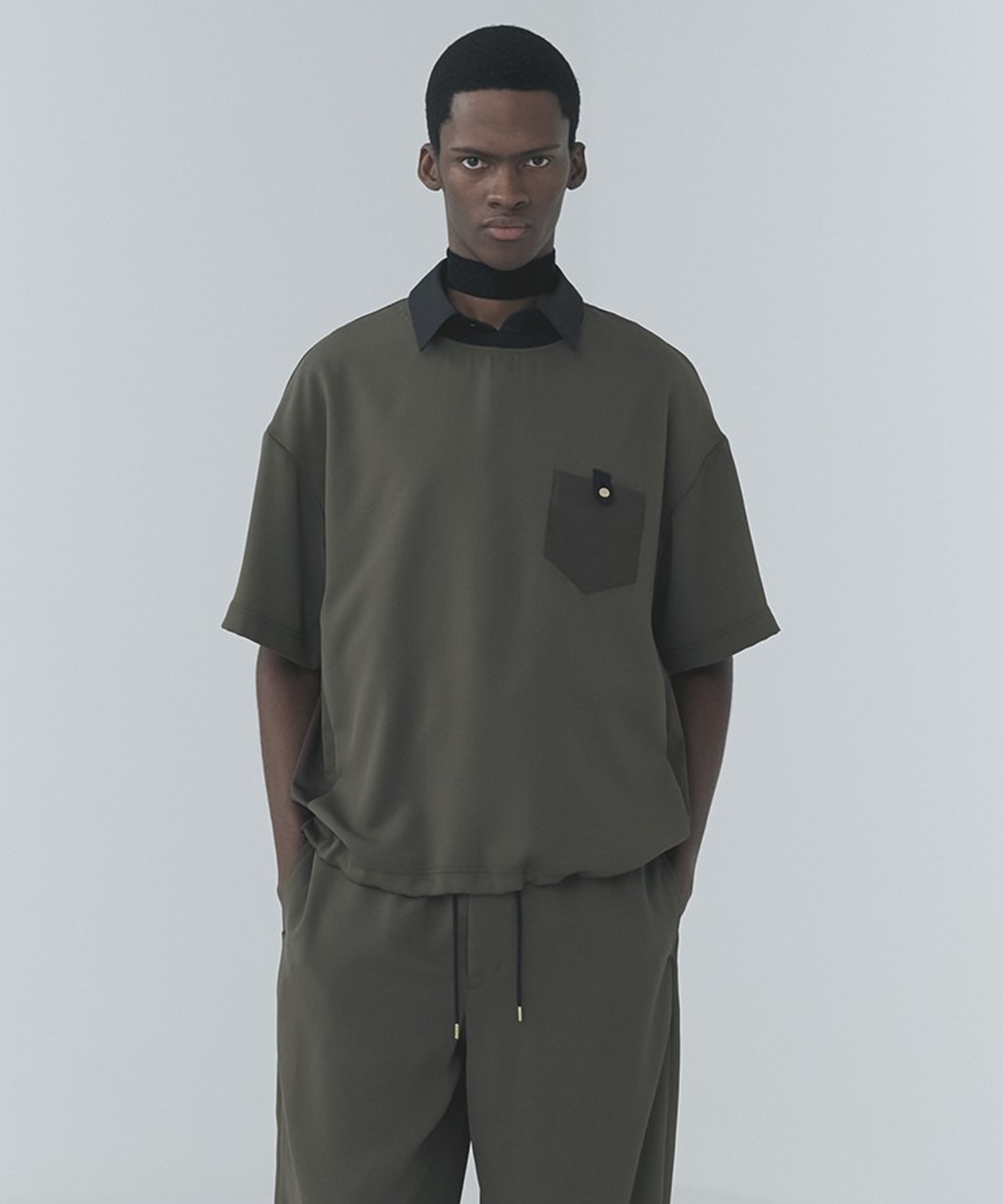Dry Stretch Cloth Contrast Panel Short Sleeve Pullover CULLNI
